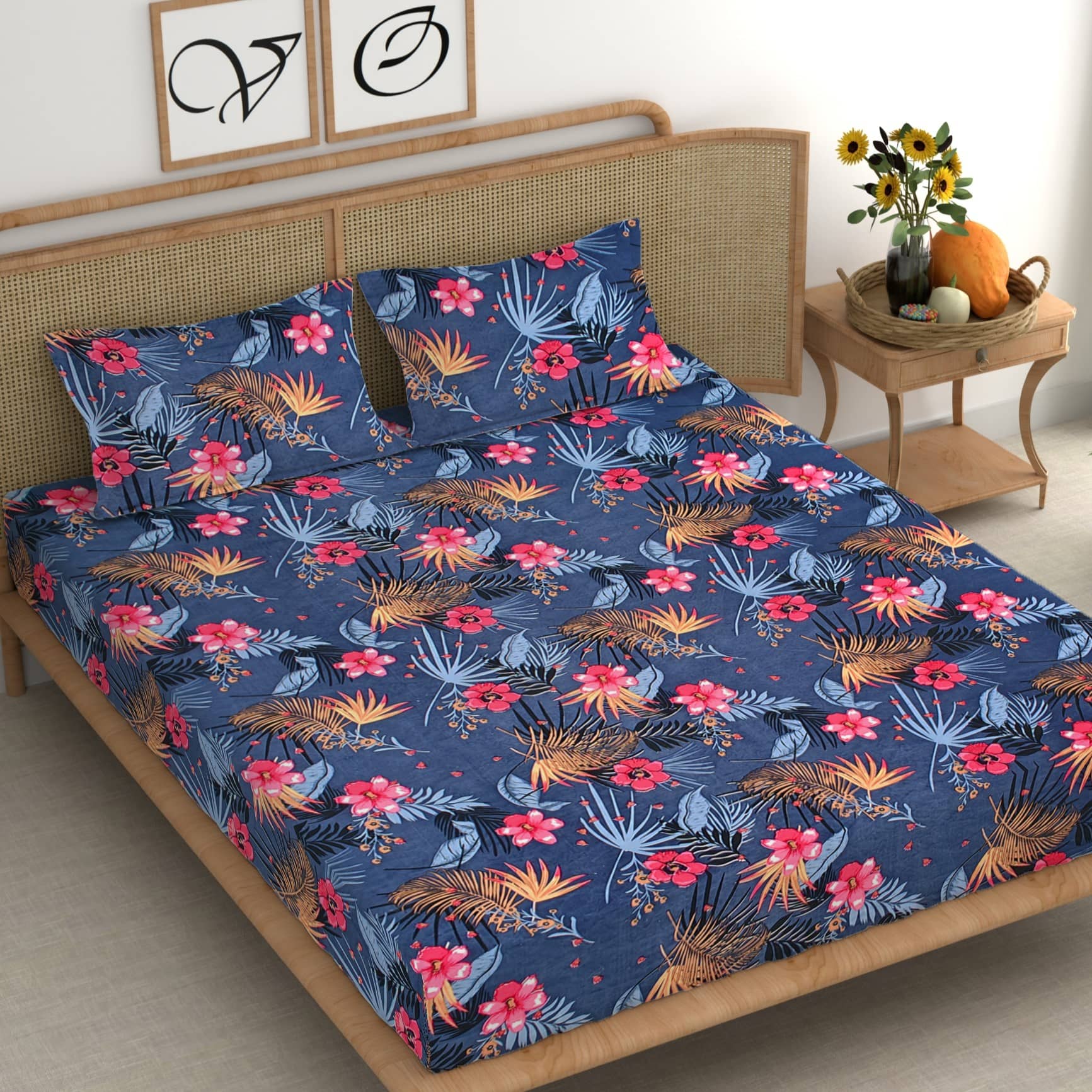 CG HOMES Microfibre Abstract Fitted Fitted bedsheet with 2 Pillow Covers ( Double Bed ) - Blue