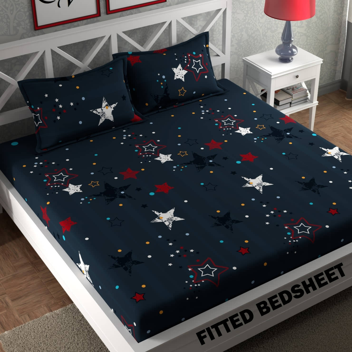 CG HOMES Microfibre Abstract Fitted Fitted bedsheet with 2 Pillow Covers ( Double Bed ) - Navy Blue