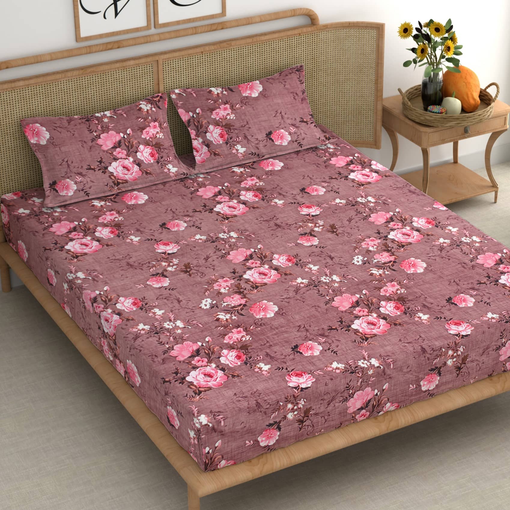 CG HOMES Microfibre Abstract Fitted Fitted bedsheet with 2 Pillow Covers ( Double Bed ) - Pink