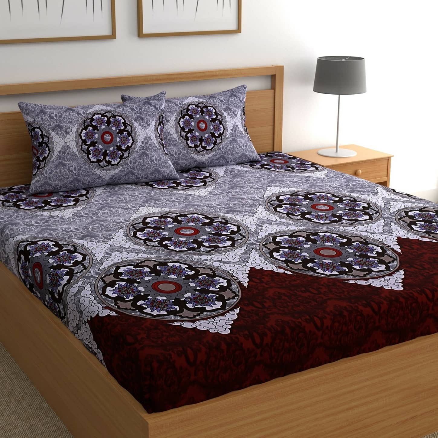 CG HOMES Microfibre Abstract Fitted Fitted bedsheet with 2 Pillow Covers ( Double Bed ) - Gray