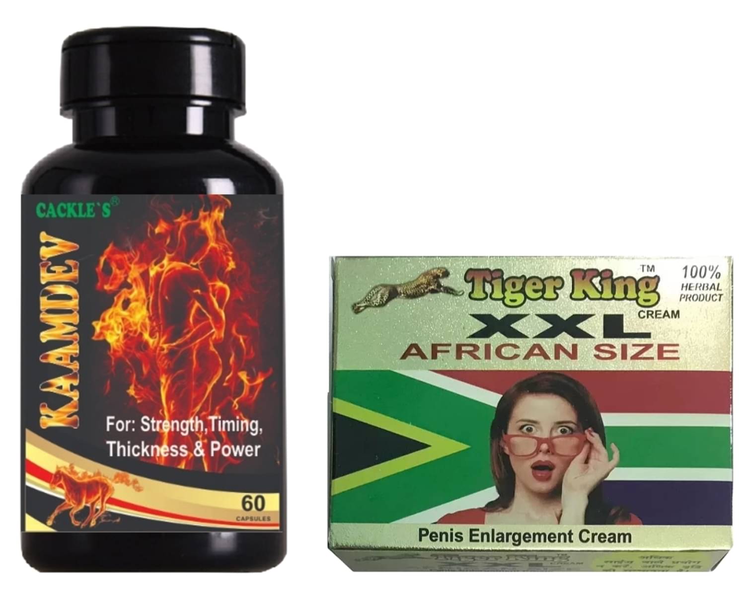 Cackle's Kaamdev Pro Herbal Capsule 60no.s & Tiger King XXL African Size 25gm Combo Pack For Men Cackle's Kaamdev Pro Herbal Capsule 60no.s & Tiger King XXL African Size 25gm Combo Pack For Men
