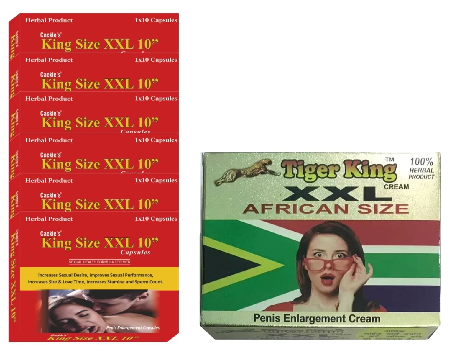     			Cackle's King Size XXL 10" Herbal Capsule 10x6=60no.s & Tiger King XXL Afican Size  Delay Cream 25gm Combo Pack For Men