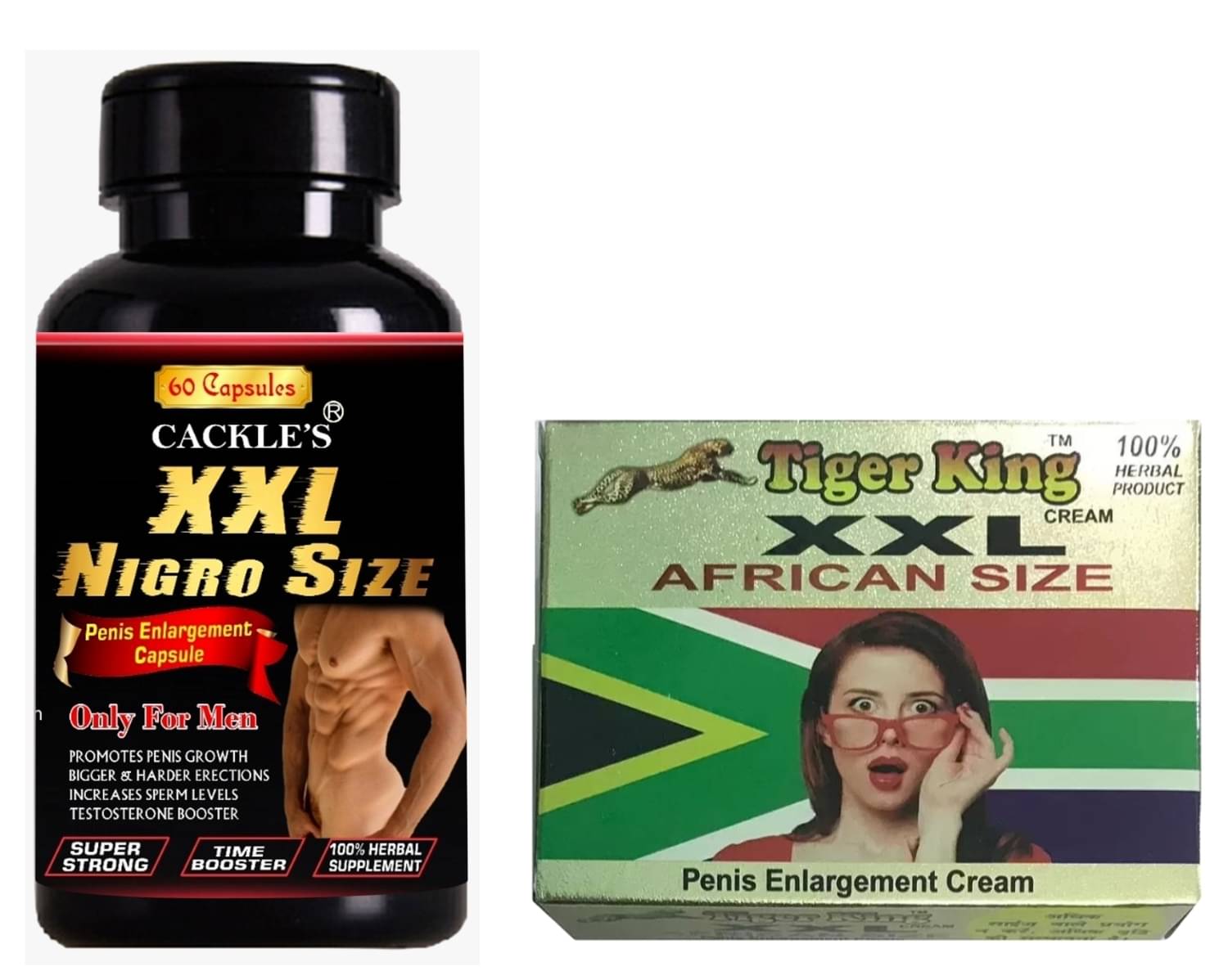 Cackle's Nigro Size XXL Capsule 60 no.s & Tiger King XXL Cream 25gm (Combo Pack) Cackle's Nigro Size XXL Capsule 60 no.s & Tiger King XXL Cream 25gm (Combo Pack)