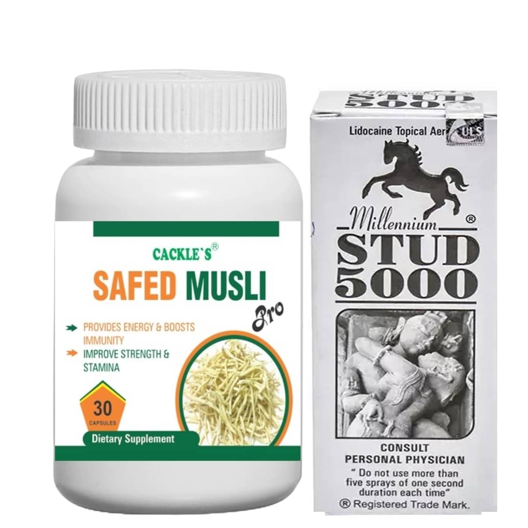 Cackle's Safed Musli Pro Herbal Capsule 60no.s & Stud 5000 Spray 20g Combo Pack For Men     			Cackle's Safed Musli Pro Herbal Capsule 60no.s & Stud 5000 Spray 20g Combo Pack For Men
