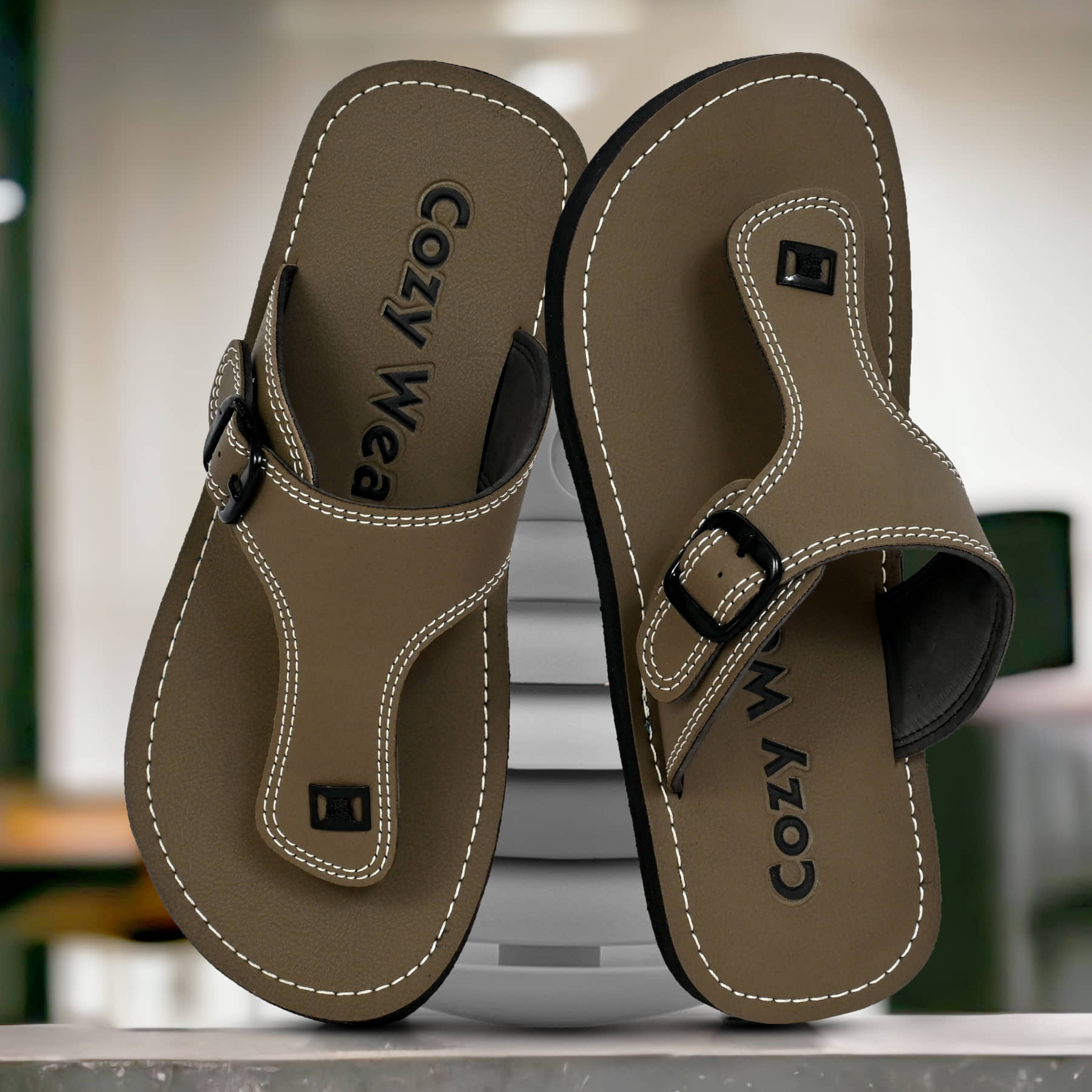 Cozy Wear Khaki Men's Leather Slipper