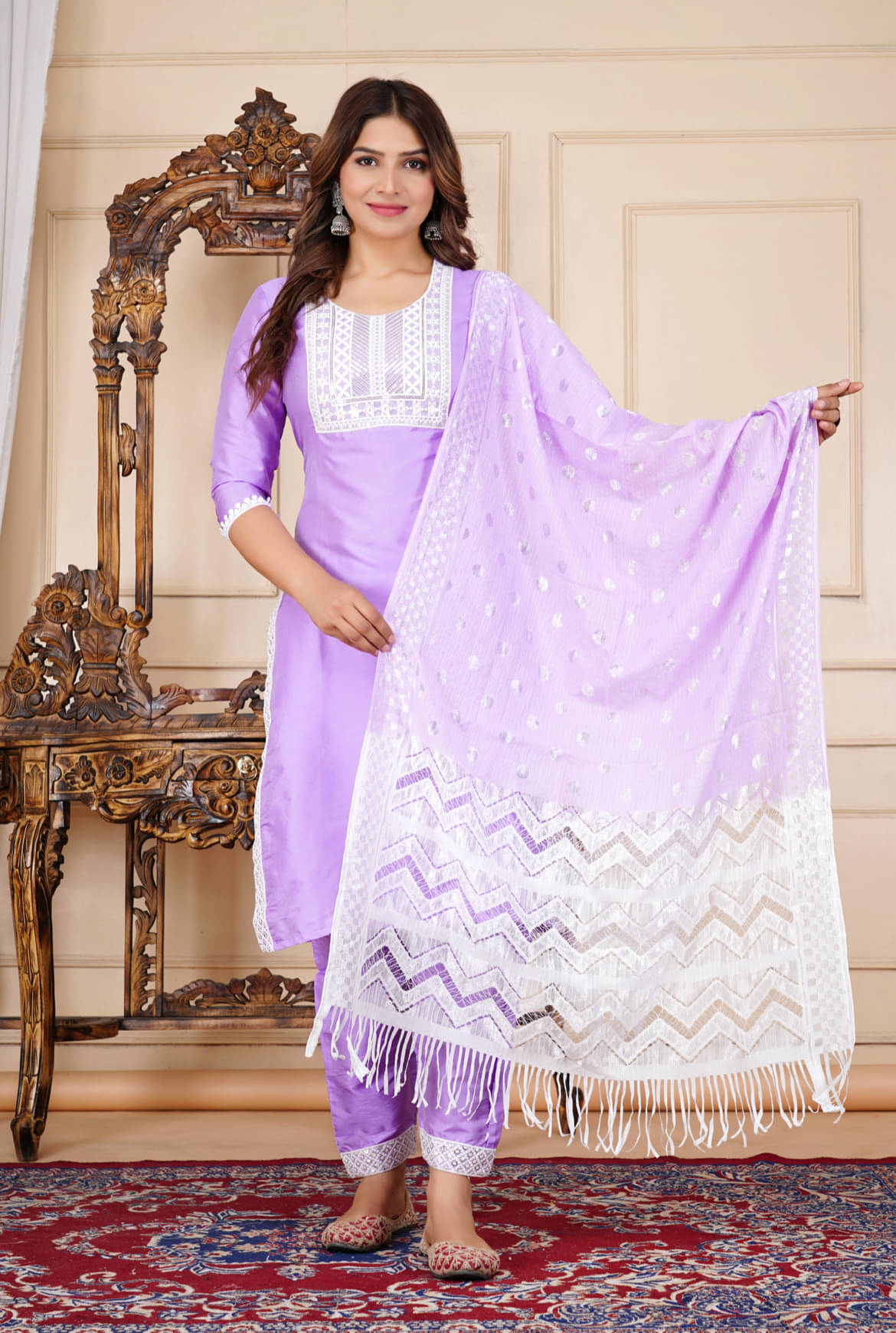 EXPORTHOUSE Silk Blend Embroidered Kurti With Pants Women's Stitched Salwar Suit - Lavender ( Pack of 1 )     			EXPORTHOUSE Silk Blend Embroidered Kurti With Pants Women's Stitched Salwar Suit - Lavender ( Pack of 1 )
