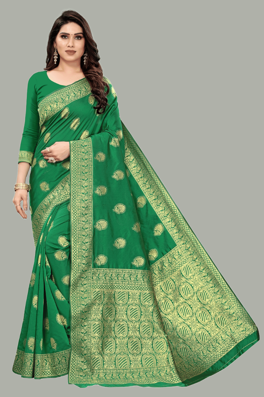 GARIYA Banarasi Silk Embellished Saree With Unstitched Blouse Piece ( Blue ) - Sarees | Buy online on ZillyBuy