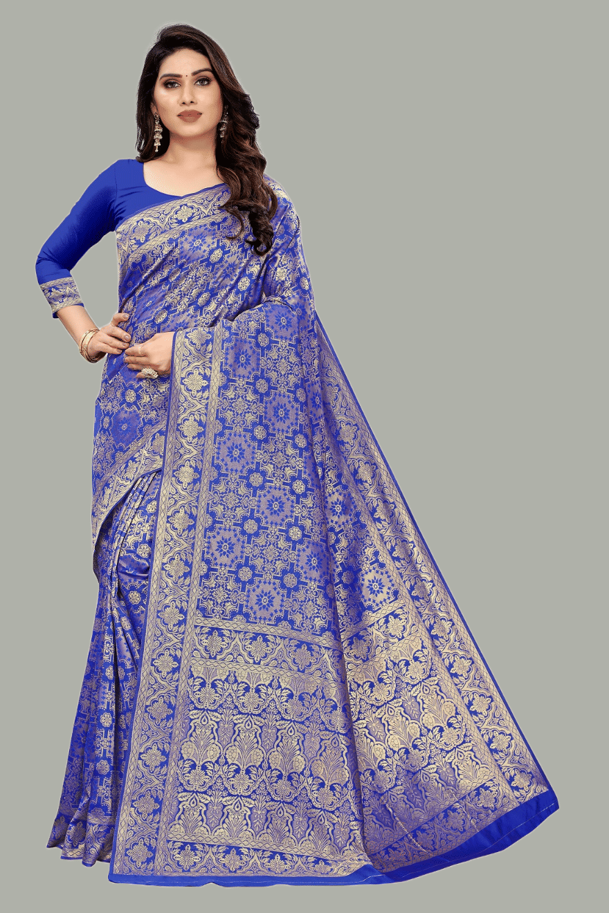 GARIYA Banarasi Silk Embellished Saree With Unstitched Blouse Piece ( Blue ) - Sarees | Buy online on ZillyBuy
