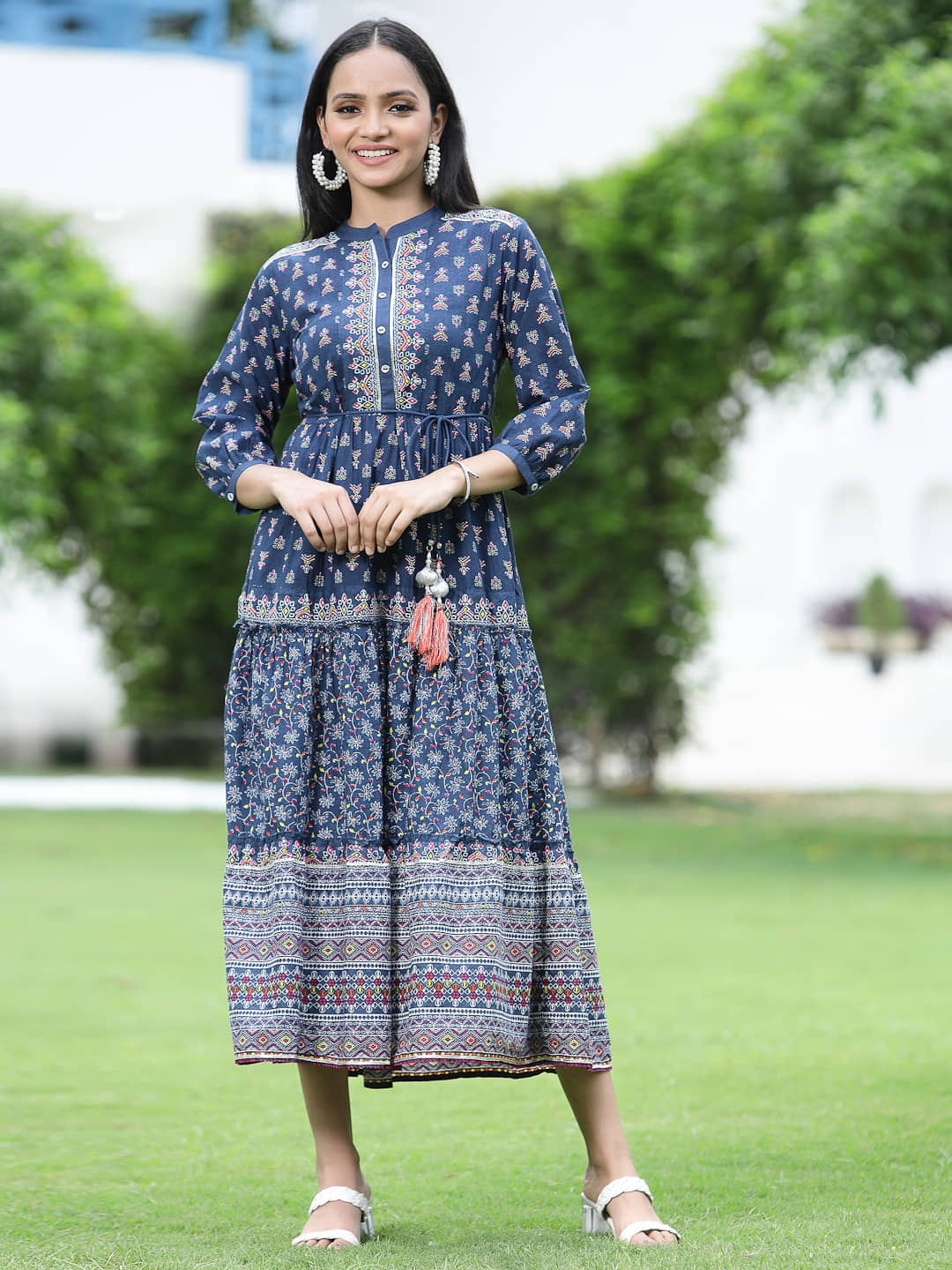 Juniper Women Cotton Printed Fit & Flare Dress ( Blue )