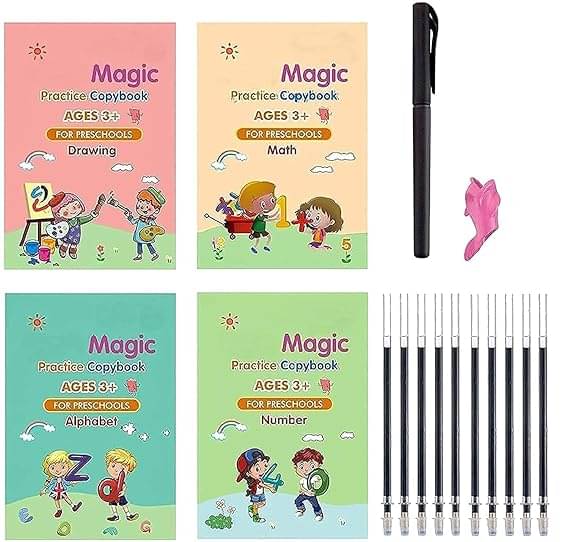 Magic book , Homeschool Supplies, Preschool workbook, Numbers & English & Drawing & Mathematics Auto Fade Pen & 4 Books - 10 Riffile 1 Grip 1 pen Magic book , Homeschool Supplies, Preschool workbook, Numbers & English & Drawing & Mathematics Auto Fade Pen & 4 Books - 10 Riffile 1 Grip 1 pen