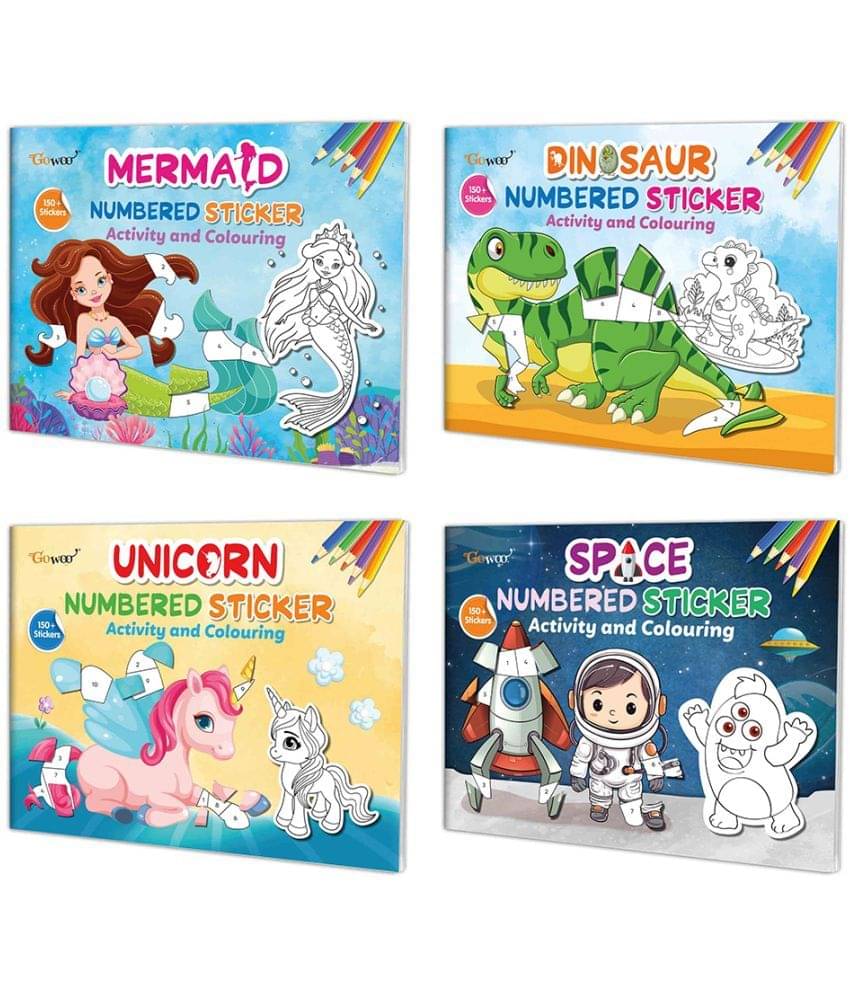     			Mermaid, Dinosaur, Unicorn and Space Numbered Sticker Activity and Colouring books for age 3+ Kids : Fun colouring for children, Sticker activity book with over 150+ stickers | Pack of 4 books