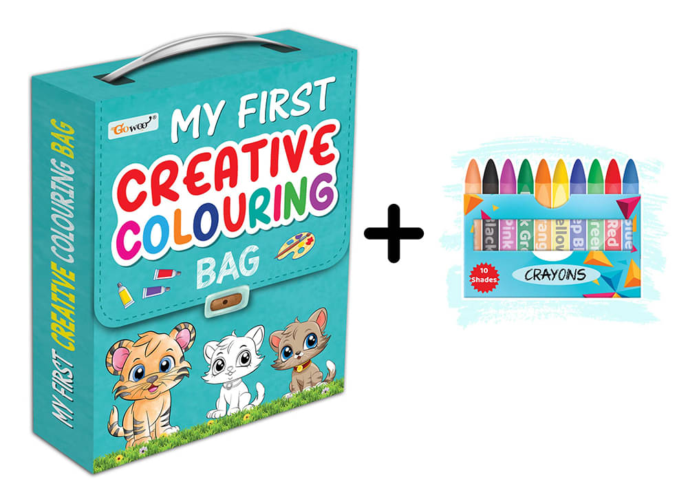     			My first Creative colouring bag and 10 WAX CRAYONS : Coloring book collection, My first colouring book, Learning coloring kit, Colours,Numbers,Alphabet & more| Combo of colouring bag & 10 free crayons