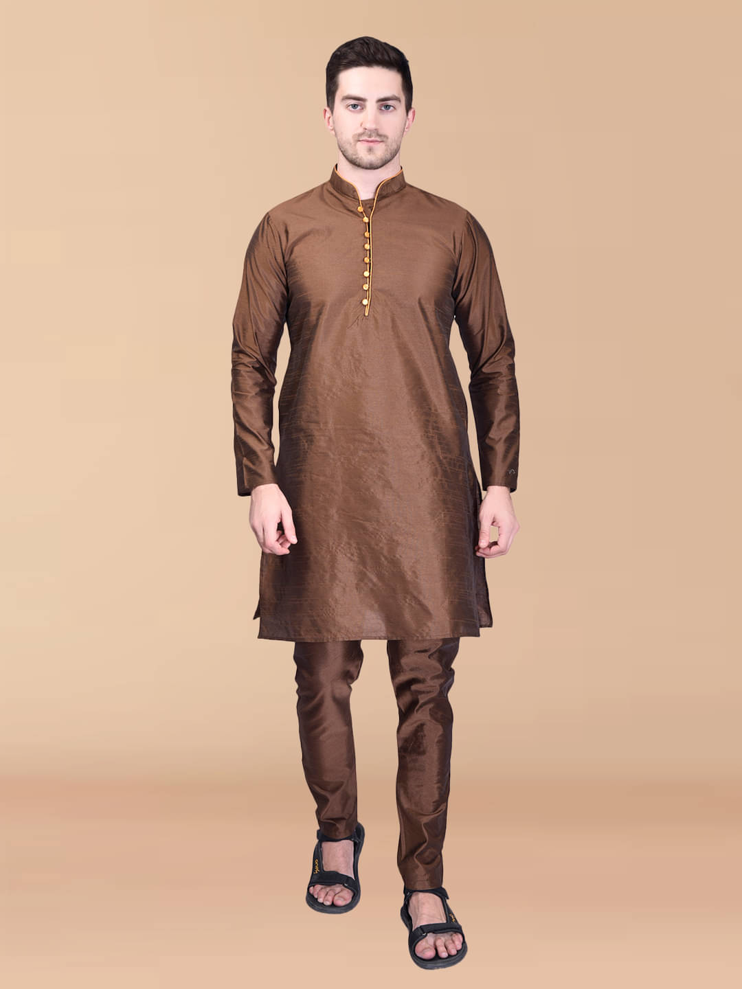 PRINTCULTR Brown Silk Regular Fit Men's Kurta Pyjama Set ( Pack of 1 ) PRINTCULTR Brown Silk Regular Fit Men's Kurta Pyjama Set ( Pack of 1 )