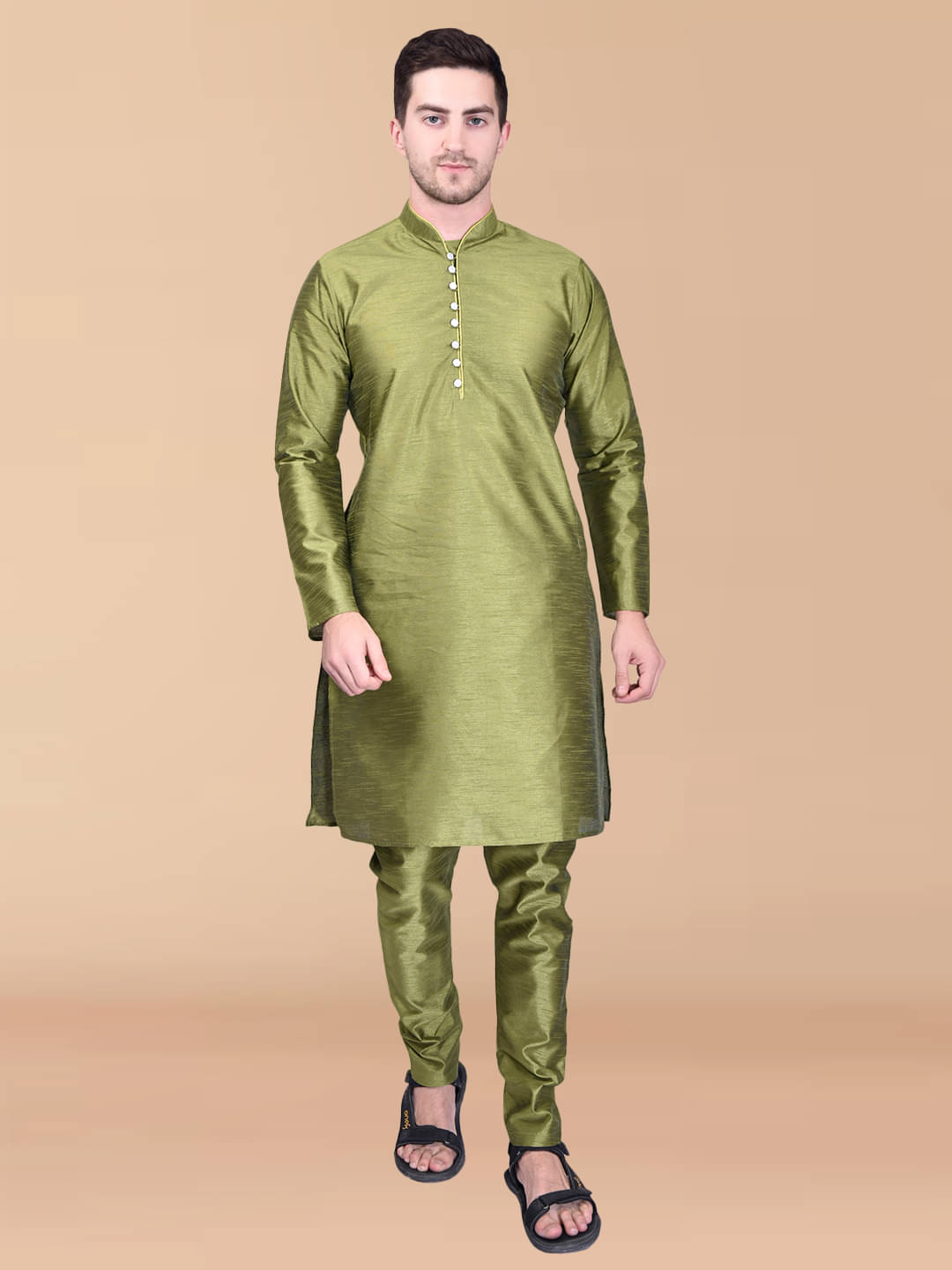 PRINTCULTR Green Silk Regular Fit Men's Kurta Pyjama Set ( Pack of 1 ) PRINTCULTR Green Silk Regular Fit Men's Kurta Pyjama Set ( Pack of 1 )