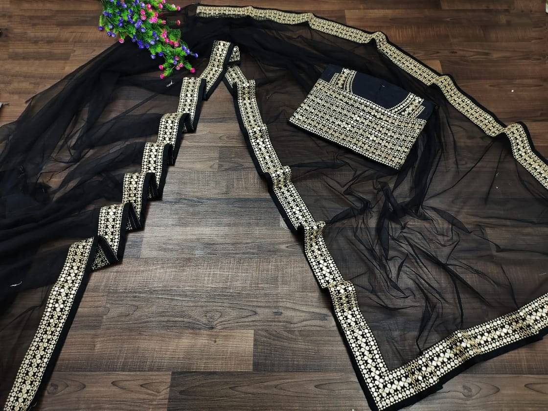 Poshvariety Net Printed Saree With Unstitched Blouse Piece ( Black ) Poshvariety Net Printed Saree With Unstitched Blouse Piece ( Black )
