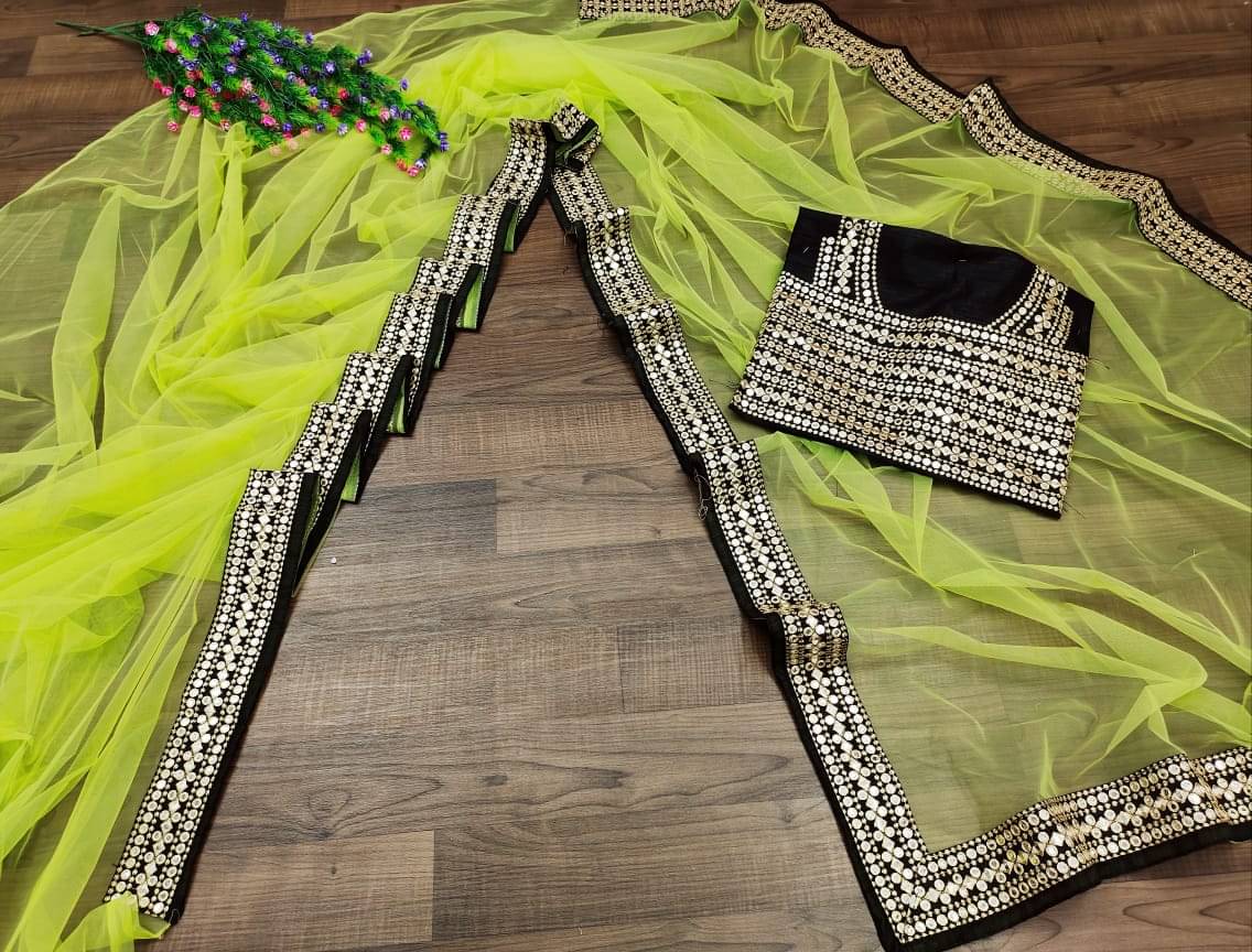 Poshvariety Net Printed Saree With Unstitched Blouse Piece ( Green )     			Poshvariety Net Printed Saree With Unstitched Blouse Piece ( Green )