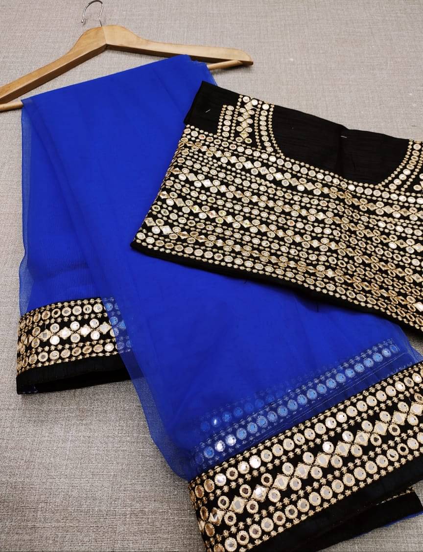 Poshvariety Net Printed Saree With Unstitched Blouse Piece ( Blue ) Poshvariety Net Printed Saree With Unstitched Blouse Piece ( Blue )