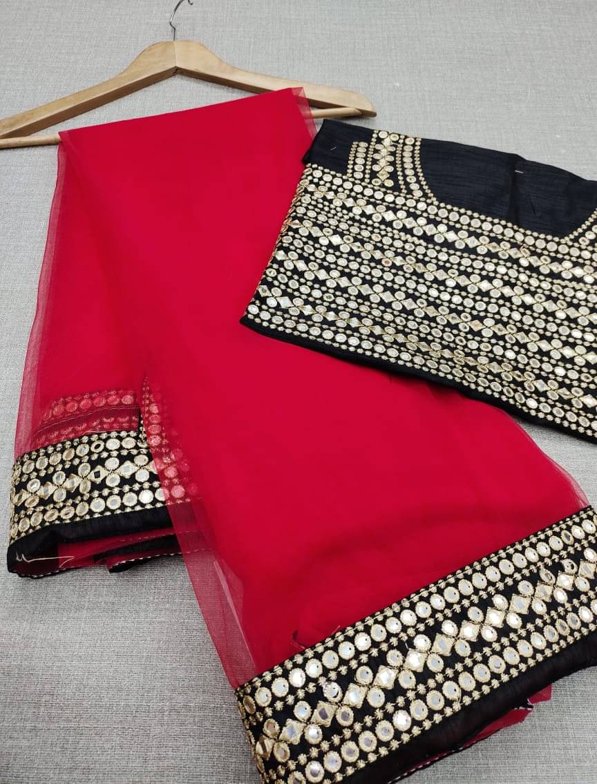     			Poshvariety Net Printed Saree With Unstitched Blouse Piece ( Red )