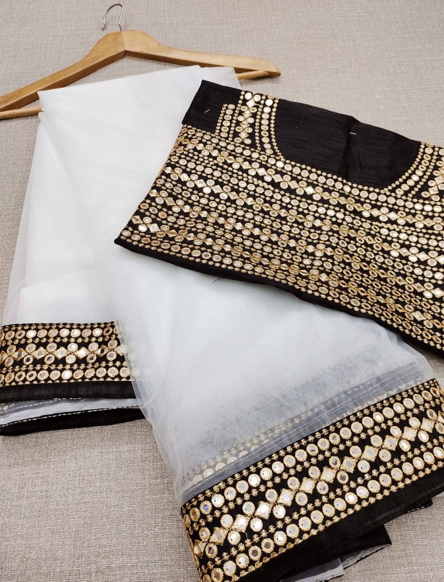Poshvariety Net Printed Saree With Unstitched Blouse Piece ( White ) Poshvariety Net Printed Saree With Unstitched Blouse Piece ( White )