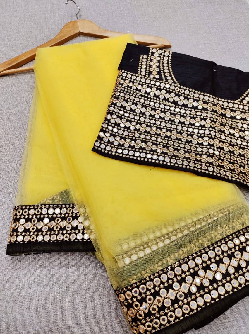 Poshvariety Net Printed Saree With Unstitched Blouse Piece ( Yellow ) Poshvariety Net Printed Saree With Unstitched Blouse Piece ( Yellow )