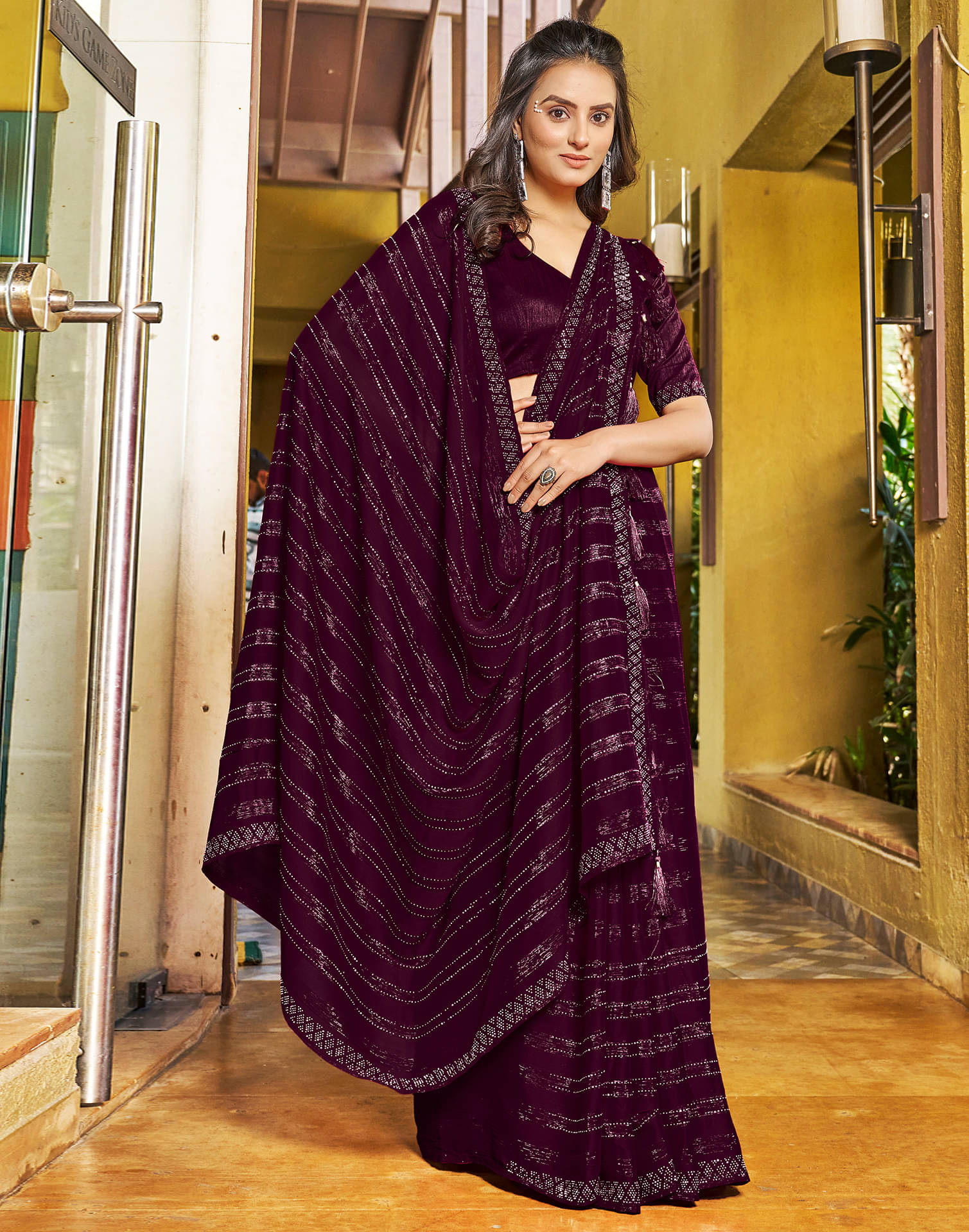 Samah Chiffon Embellished Saree With Unstitched Blouse Piece ( Wine ) Samah Chiffon Embellished Saree With Unstitched Blouse Piece ( Wine )