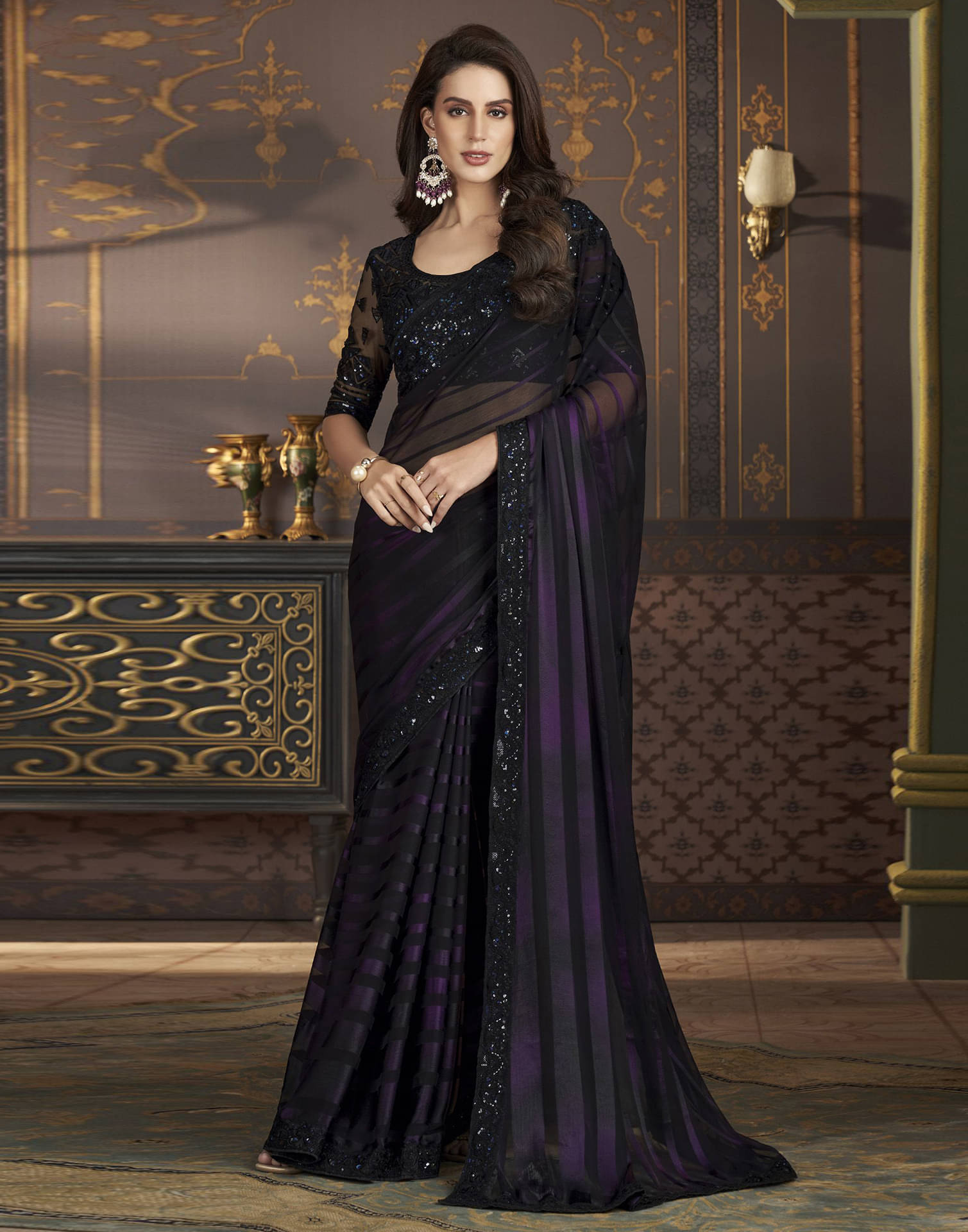 Samah Chiffon Embellished Saree With Unstitched Blouse Piece ( Black ) Samah Chiffon Embellished Saree With Unstitched Blouse Piece ( Black )