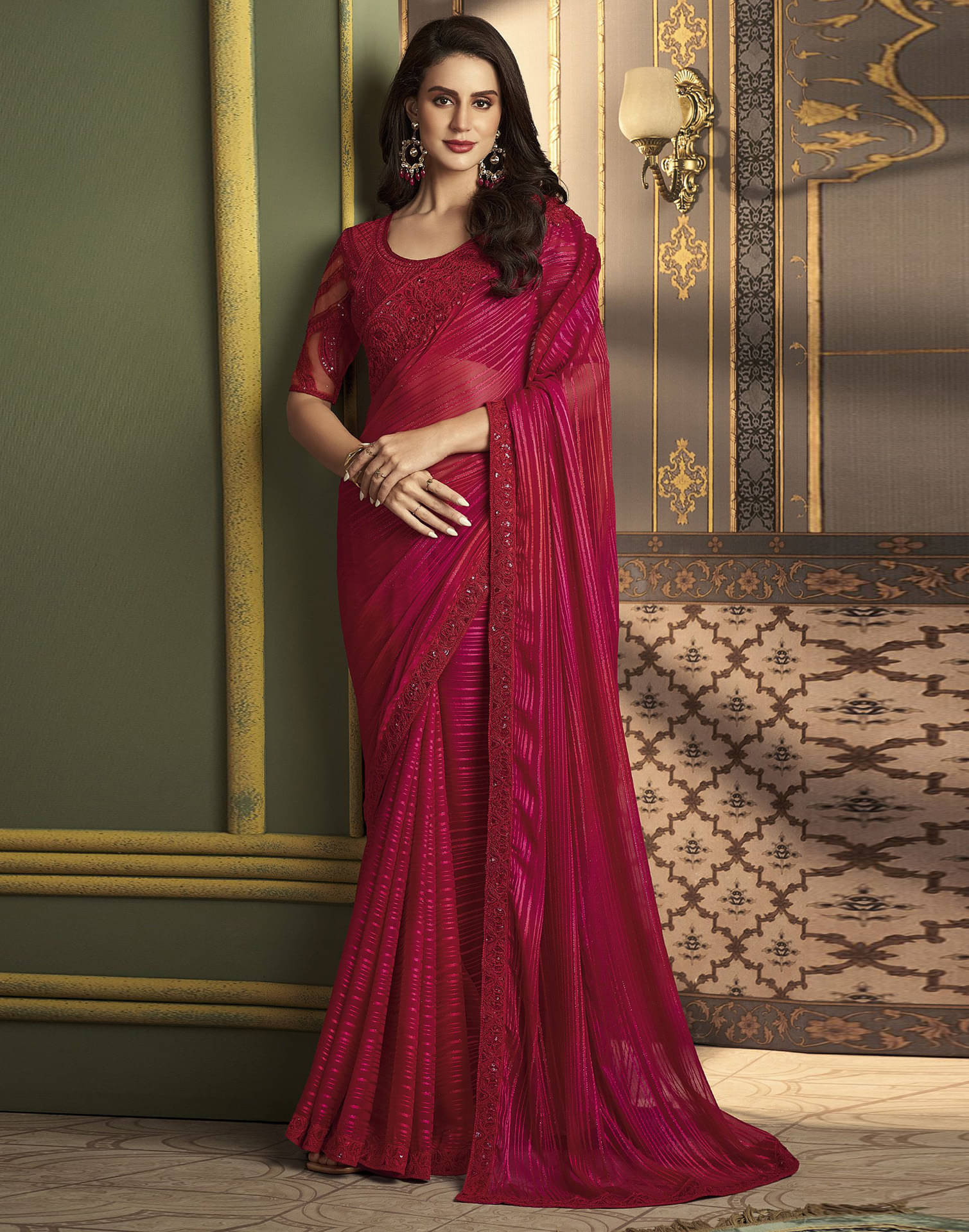     			Samah Chiffon Embellished Saree With Unstitched Blouse Piece ( Maroon )