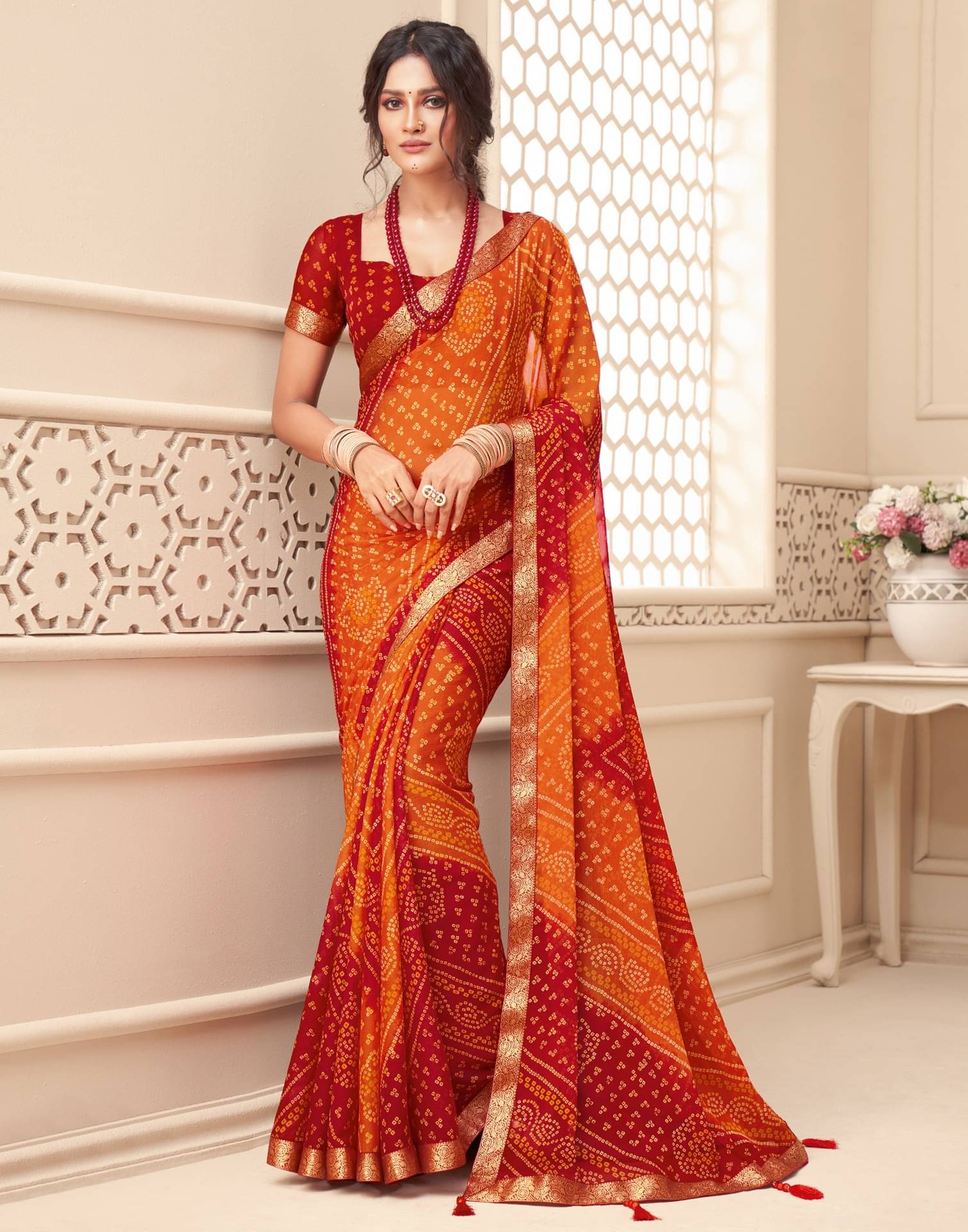     			Samah Chiffon Printed Saree With Unstitched Blouse Piece ( Orange )