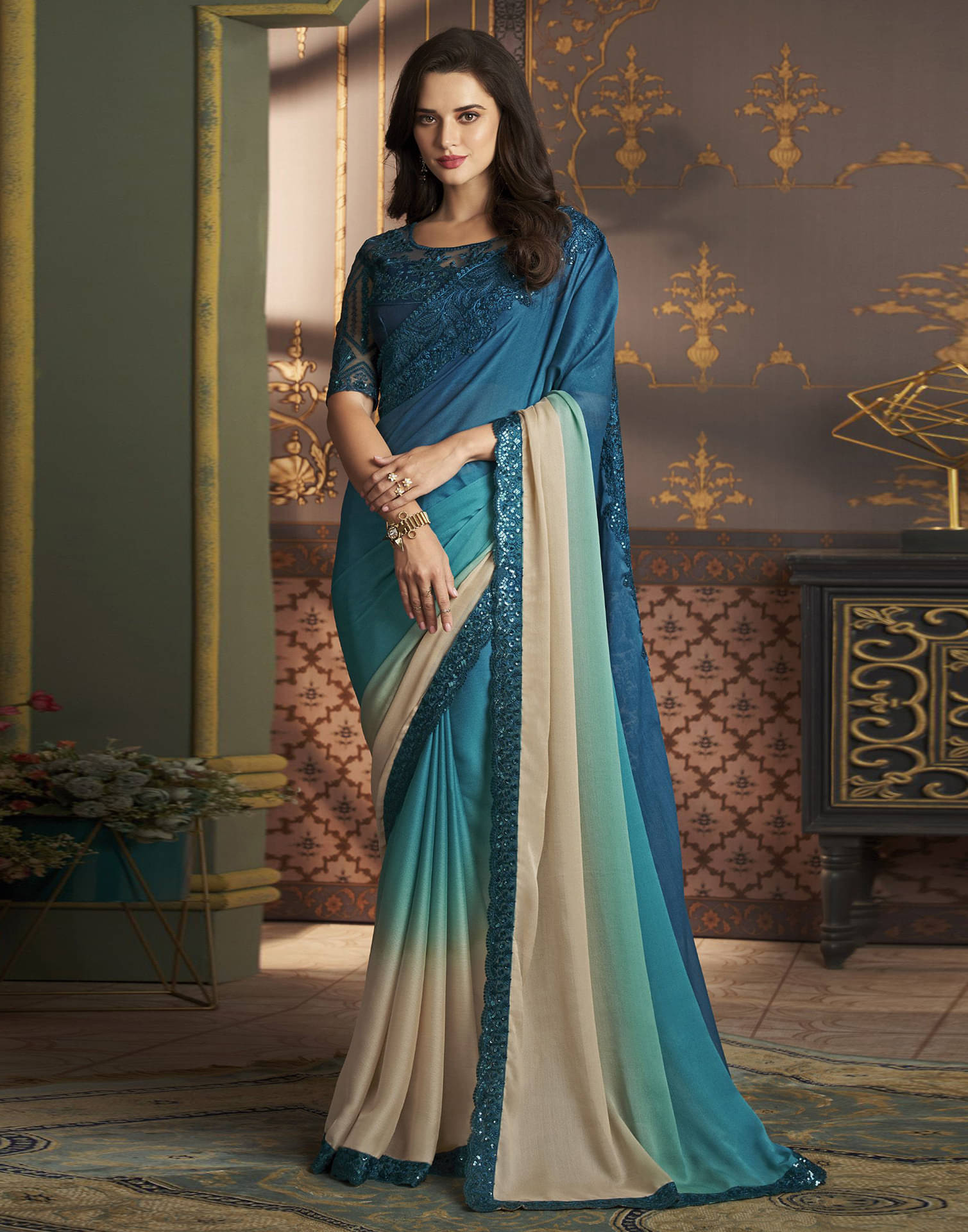 Samah Chiffon Printed Saree With Unstitched Blouse Piece ( Turquoise ) Samah Chiffon Printed Saree With Unstitched Blouse Piece ( Turquoise )