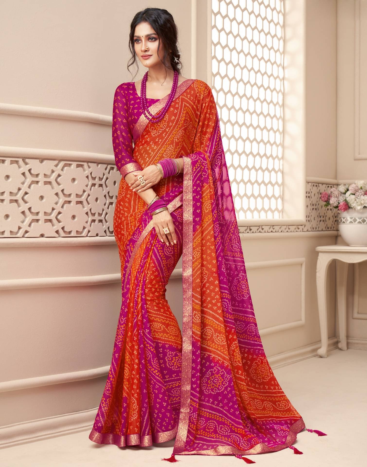 Samah Chiffon Printed Saree With Unstitched Blouse Piece ( Pink ) Samah Chiffon Printed Saree With Unstitched Blouse Piece ( Pink )