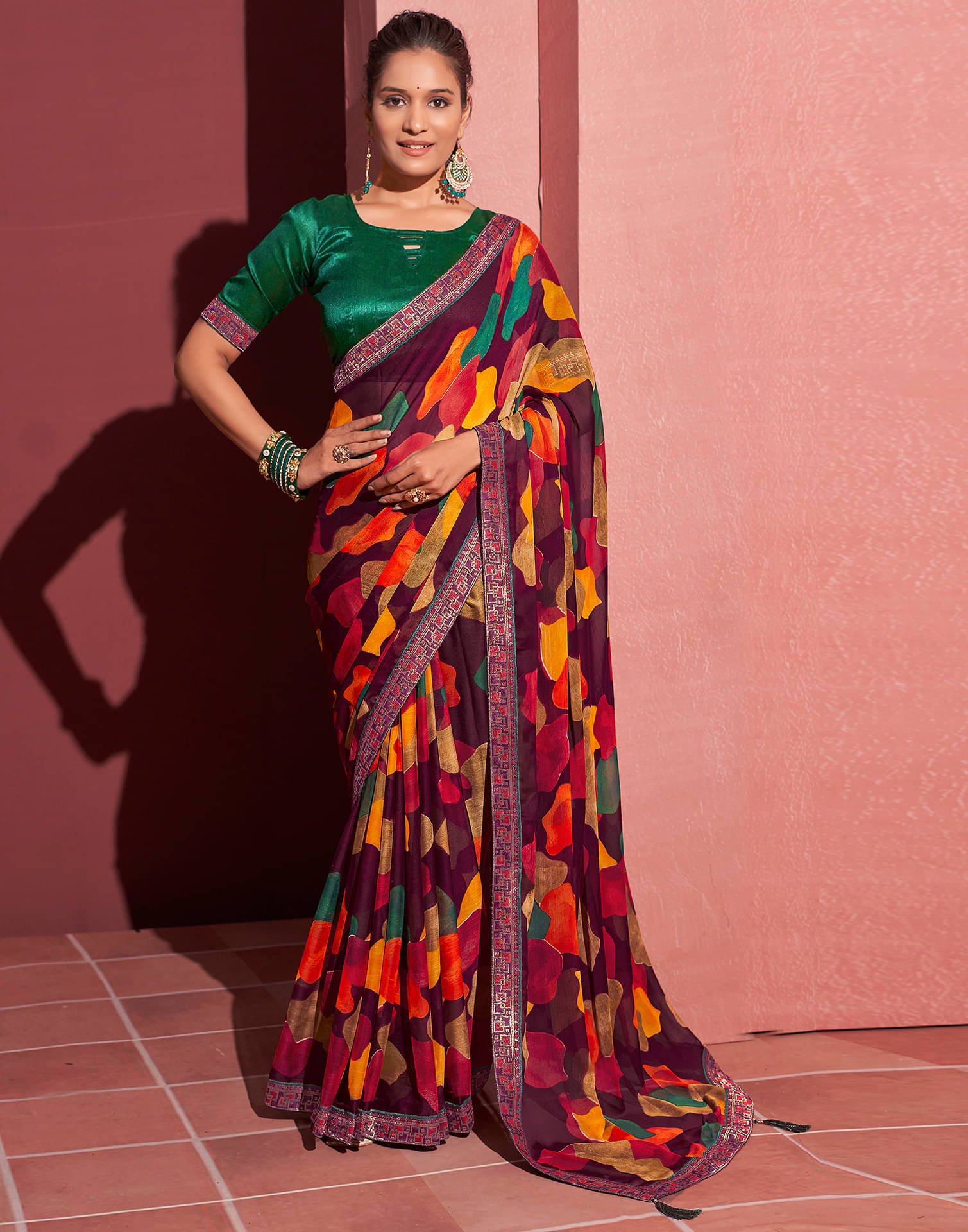     			Samah Chiffon Printed Saree With Unstitched Blouse Piece ( Multicolour )