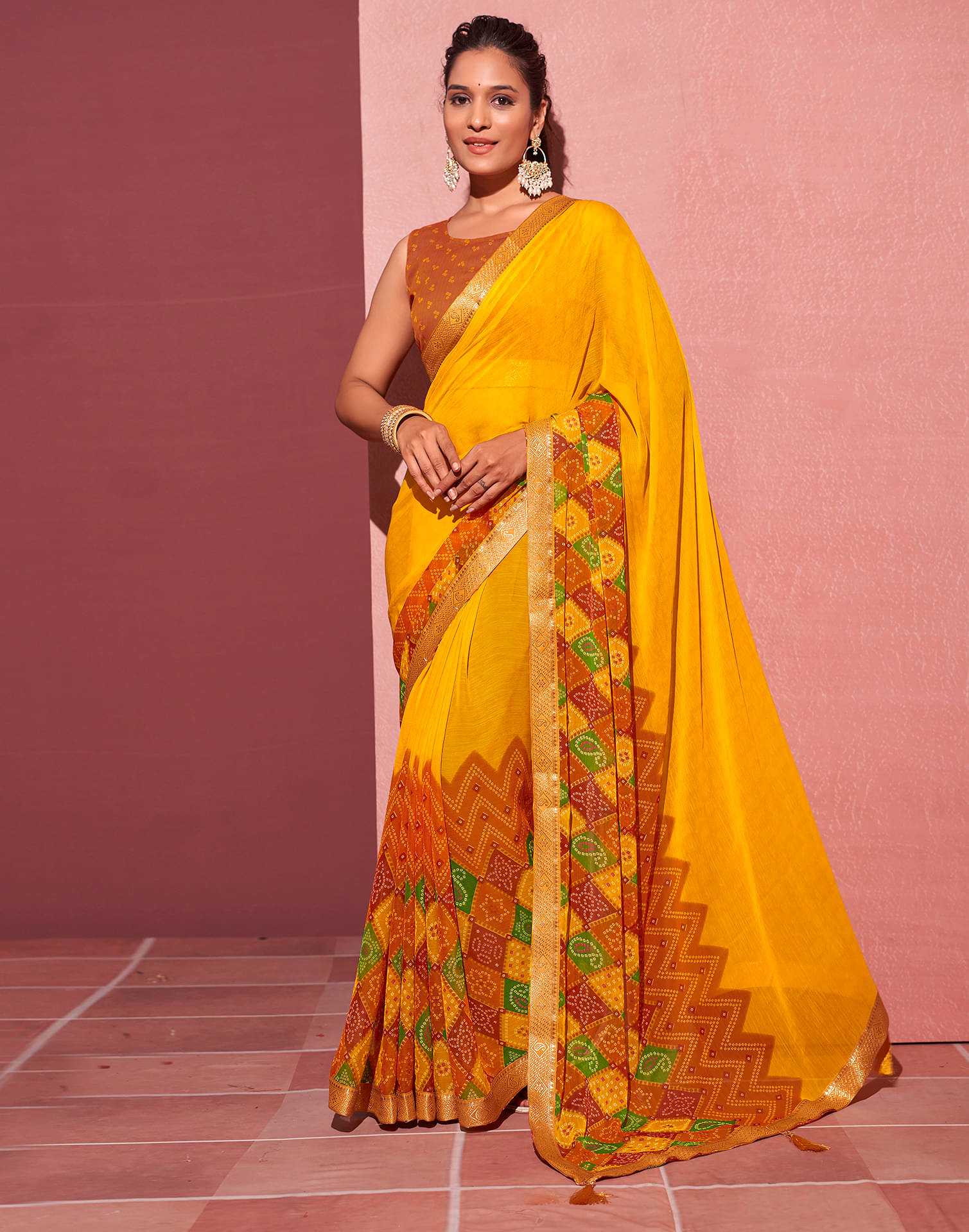     			Samah Chiffon Printed Saree With Unstitched Blouse Piece ( Yellow )