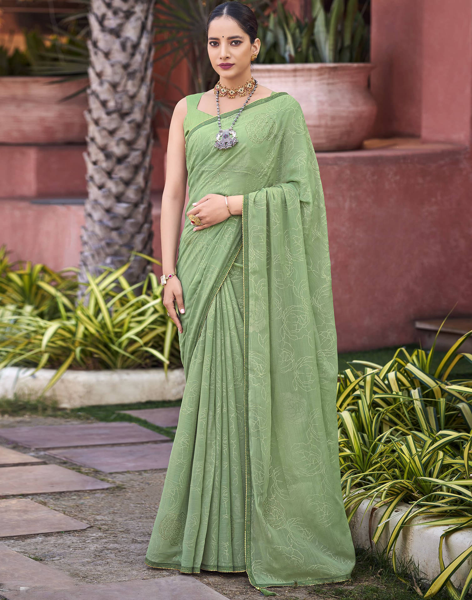     			Samah Chiffon Self Design Saree With Unstitched Blouse Piece ( Light Green )