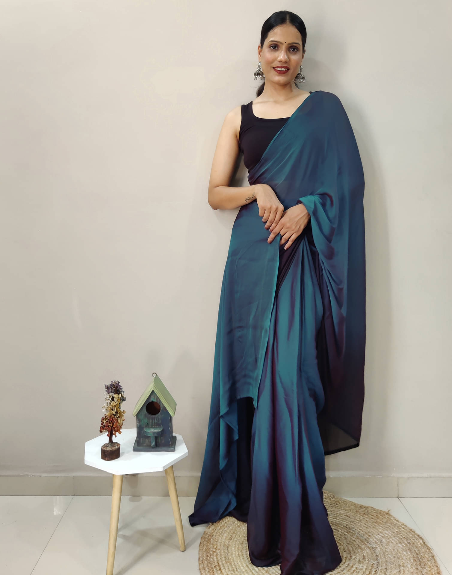     			Samah Chiffon Solid Ready to Wear Saree With Unstitched Blouse Piece ( Blue )