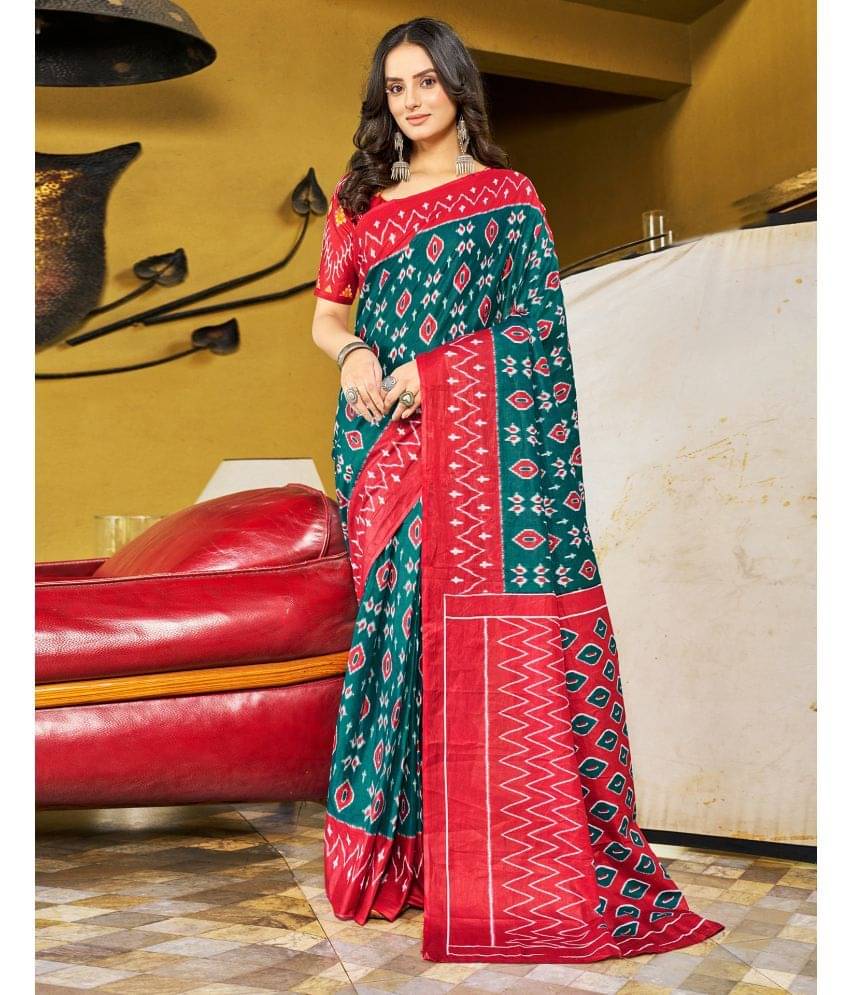 Samah Cotton Printed Ready to Wear Saree With Unstitched Blouse Piece ( Teal ) Samah Cotton Printed Ready to Wear Saree With Unstitched Blouse Piece ( Teal )