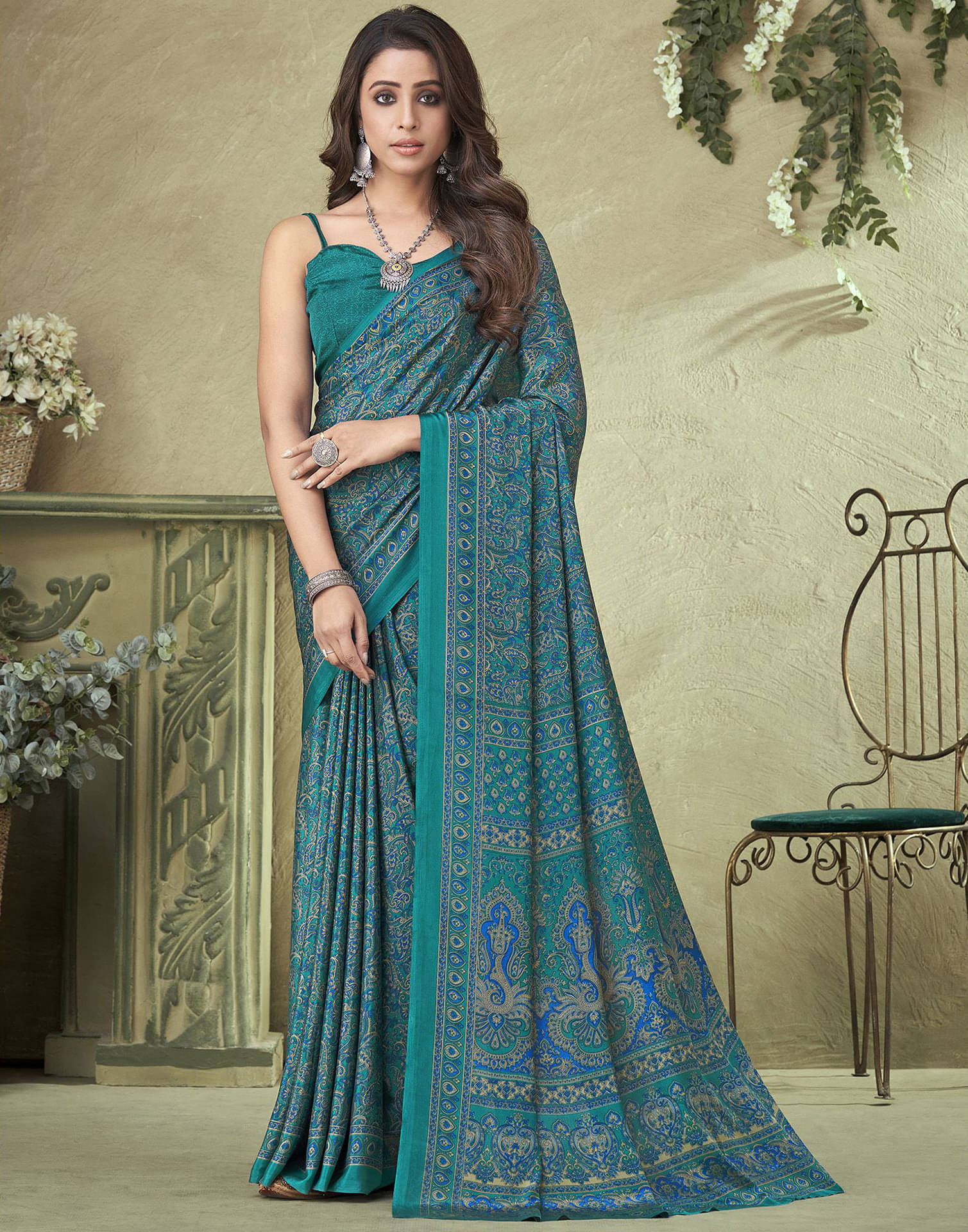 Samah Crepe Printed Saree With Unstitched Blouse Piece ( Teal ) Samah Crepe Printed Saree With Unstitched Blouse Piece ( Teal )