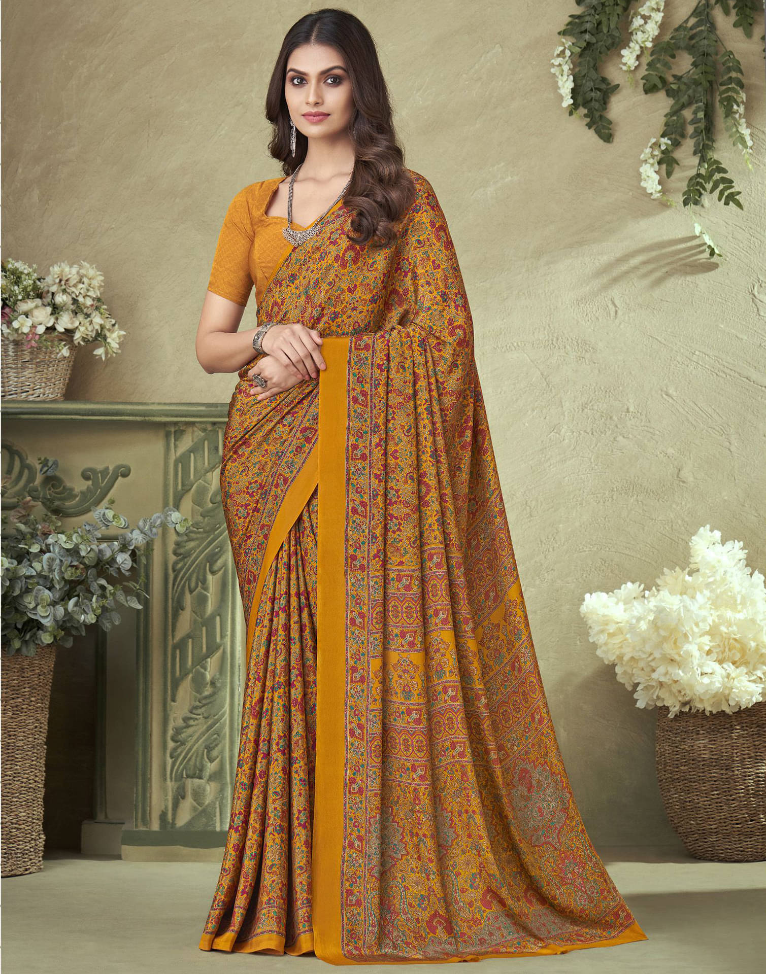Samah Crepe Printed Saree With Unstitched Blouse Piece ( Mustard ) Samah Crepe Printed Saree With Unstitched Blouse Piece ( Mustard )