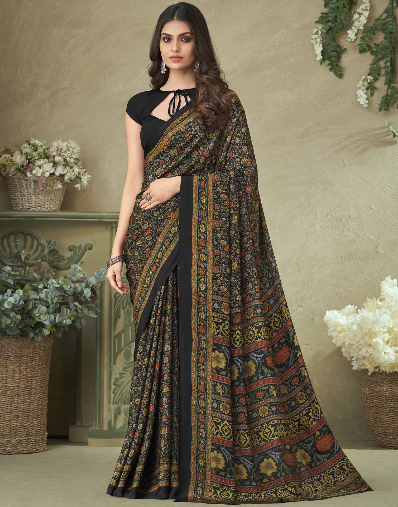 Samah Crepe Printed Saree With Unstitched Blouse Piece ( Black ) Samah Crepe Printed Saree With Unstitched Blouse Piece ( Black )