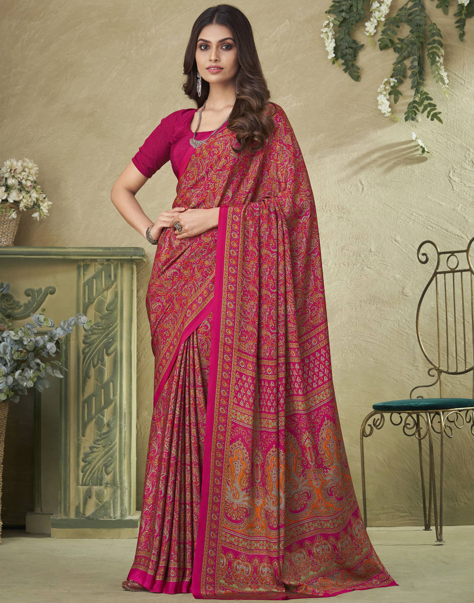 Samah Crepe Printed Saree With Unstitched Blouse Piece ( Pink ) Samah Crepe Printed Saree With Unstitched Blouse Piece ( Pink )