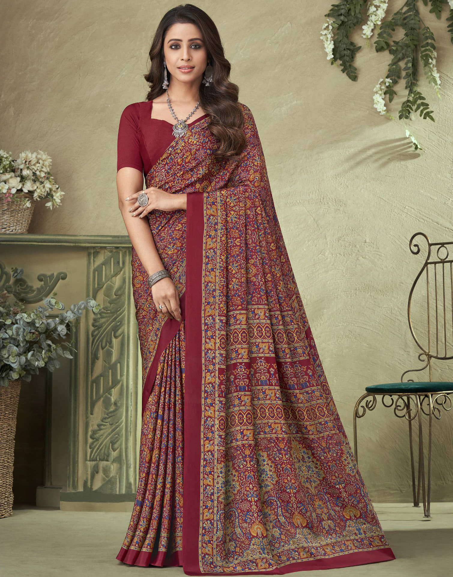 Samah Crepe Printed Saree With Unstitched Blouse Piece ( Pink ) - Sarees | Buy online on ZillyBuy