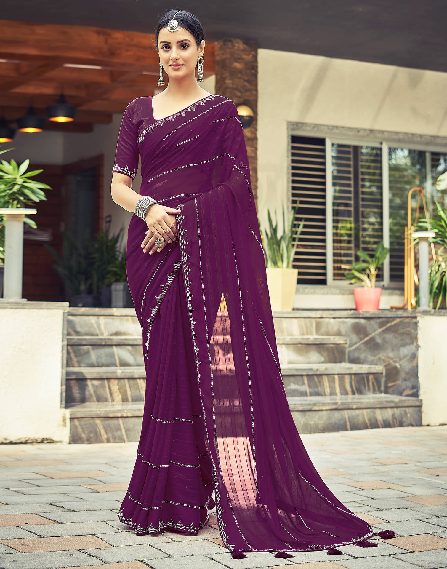 Samah Georgette Embellished Saree With Unstitched Blouse Piece ( Wine ) - Sarees | Buy online on ZillyBuy