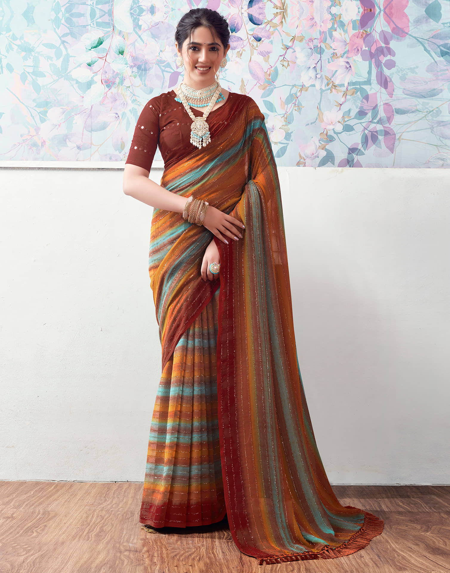 Samah Georgette Embellished Saree With Unstitched Blouse Piece ( Navy Blue ) - Sarees | Buy online on ZillyBuy