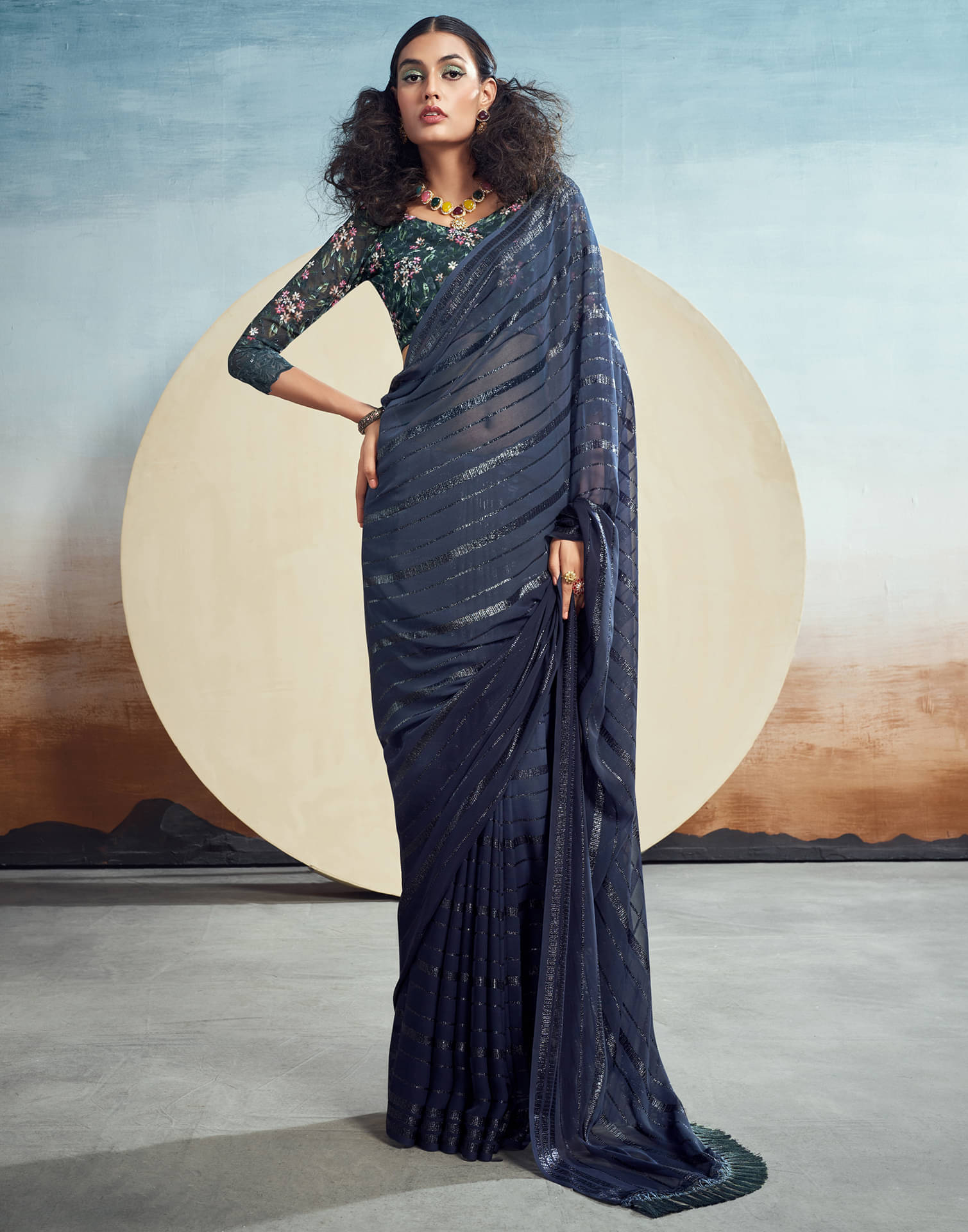     			Samah Georgette Embellished Saree With Unstitched Blouse Piece ( Navy Blue )