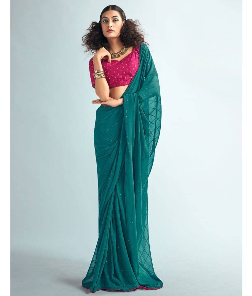     			Samah Georgette Embellished Saree With Unstitched Blouse Piece ( Light Green )