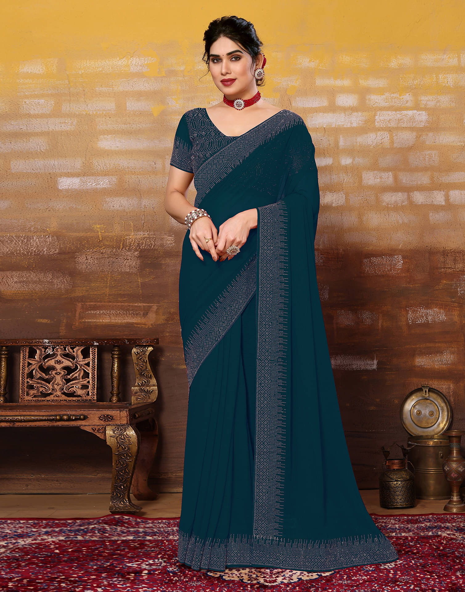 Samah Georgette Embellished Saree With Unstitched Blouse Piece ( Teal ) Samah Georgette Embellished Saree With Unstitched Blouse Piece ( Teal )
