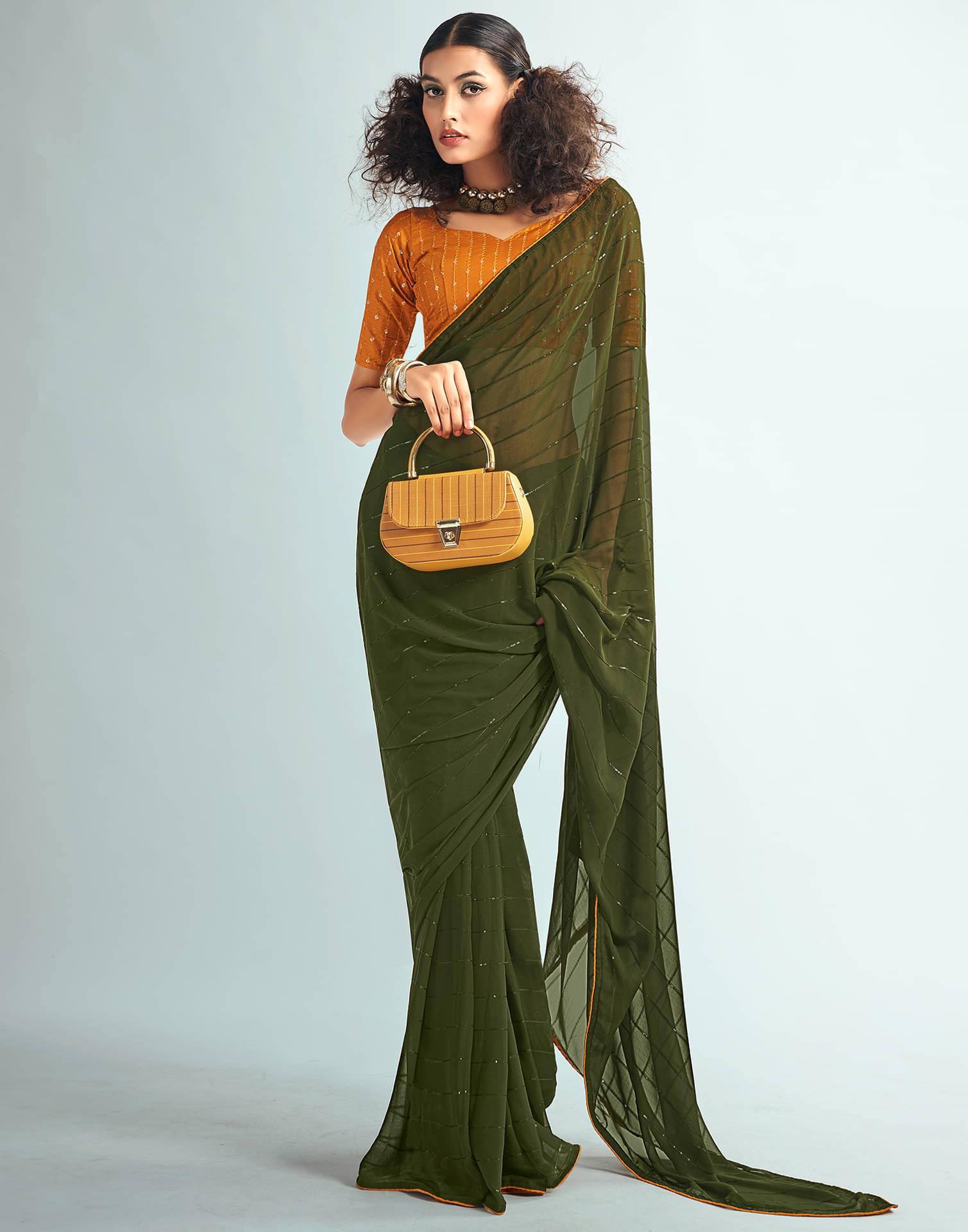     			Samah Georgette Embellished Saree With Unstitched Blouse Piece ( Green )