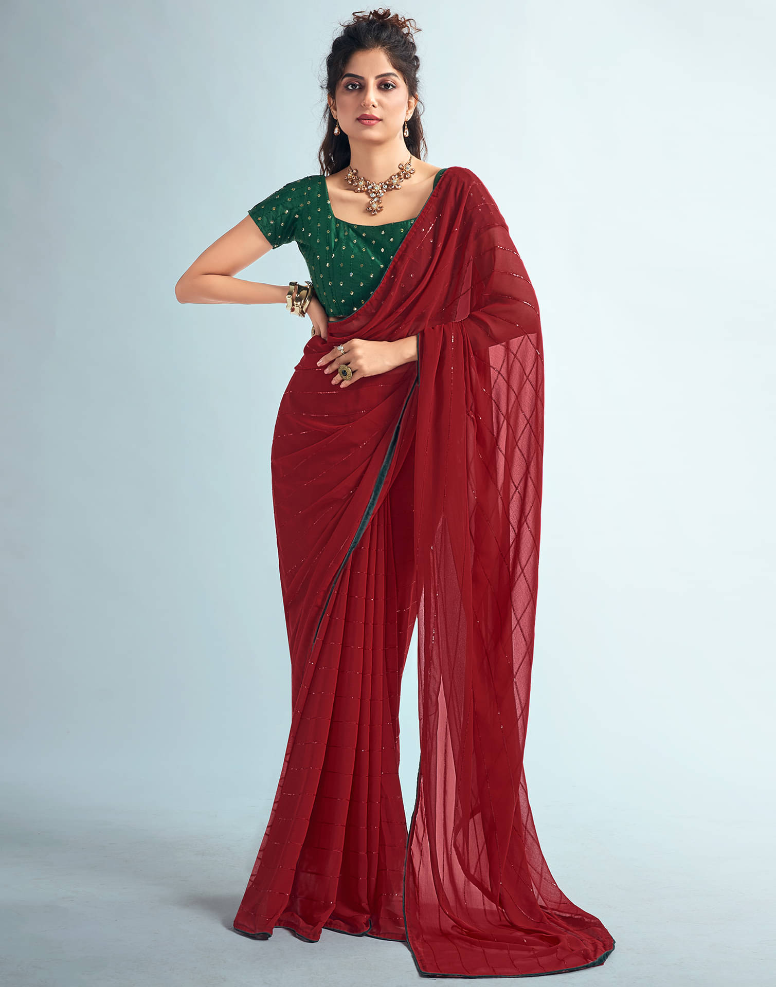 Samah Georgette Embellished Saree With Unstitched Blouse Piece ( Maroon ) Samah Georgette Embellished Saree With Unstitched Blouse Piece ( Maroon )