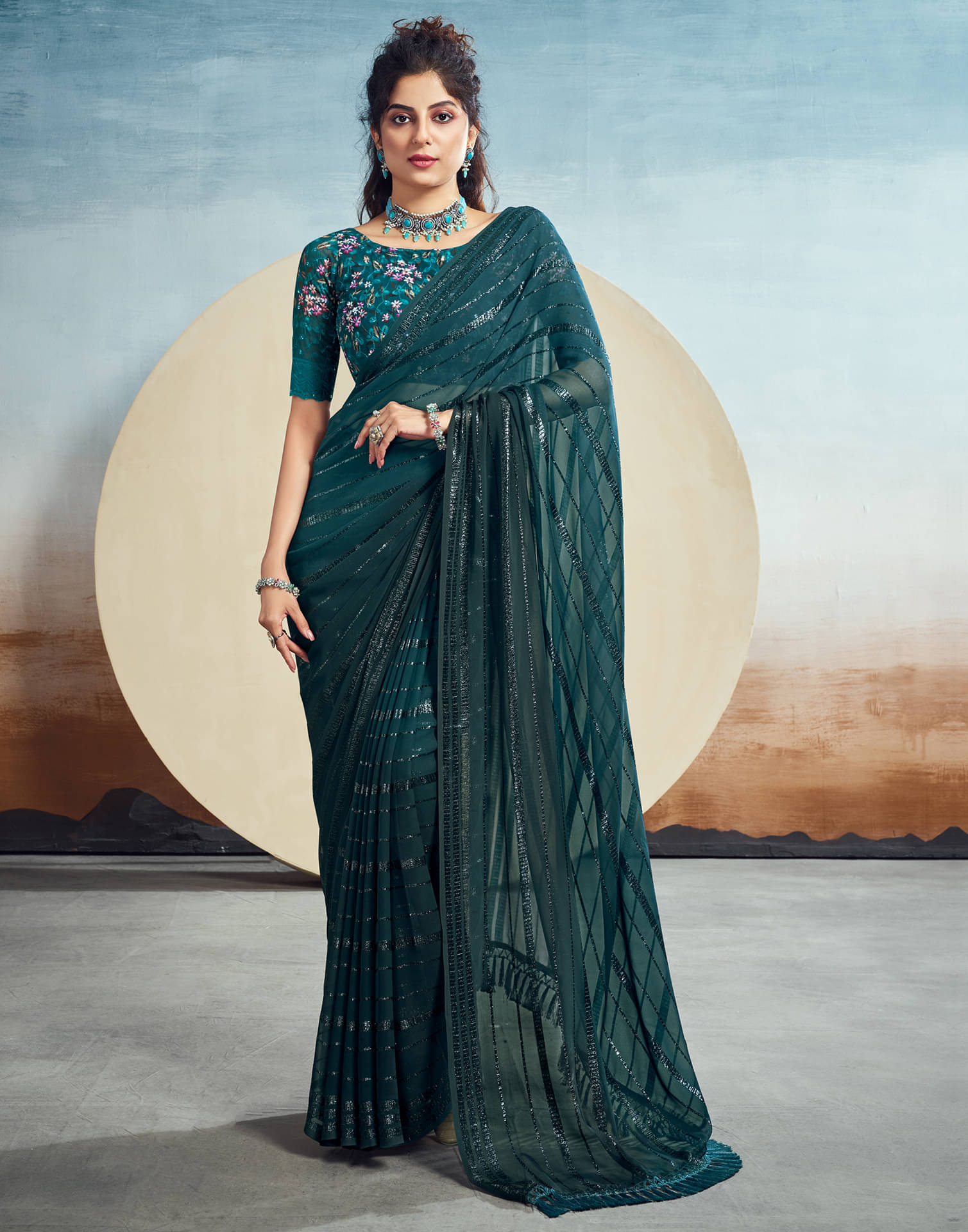 Samah Georgette Embellished Saree With Unstitched Blouse Piece ( Rama ) Samah Georgette Embellished Saree With Unstitched Blouse Piece ( Rama )