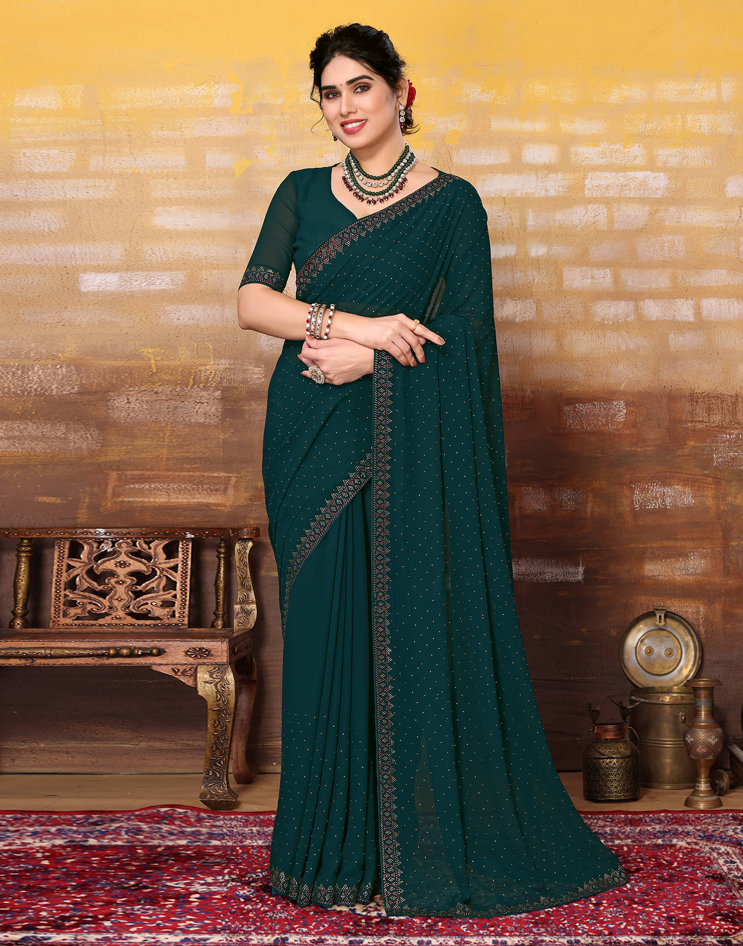Samah Georgette Embellished Saree With Unstitched Blouse Piece ( Green ) Samah Georgette Embellished Saree With Unstitched Blouse Piece ( Green )