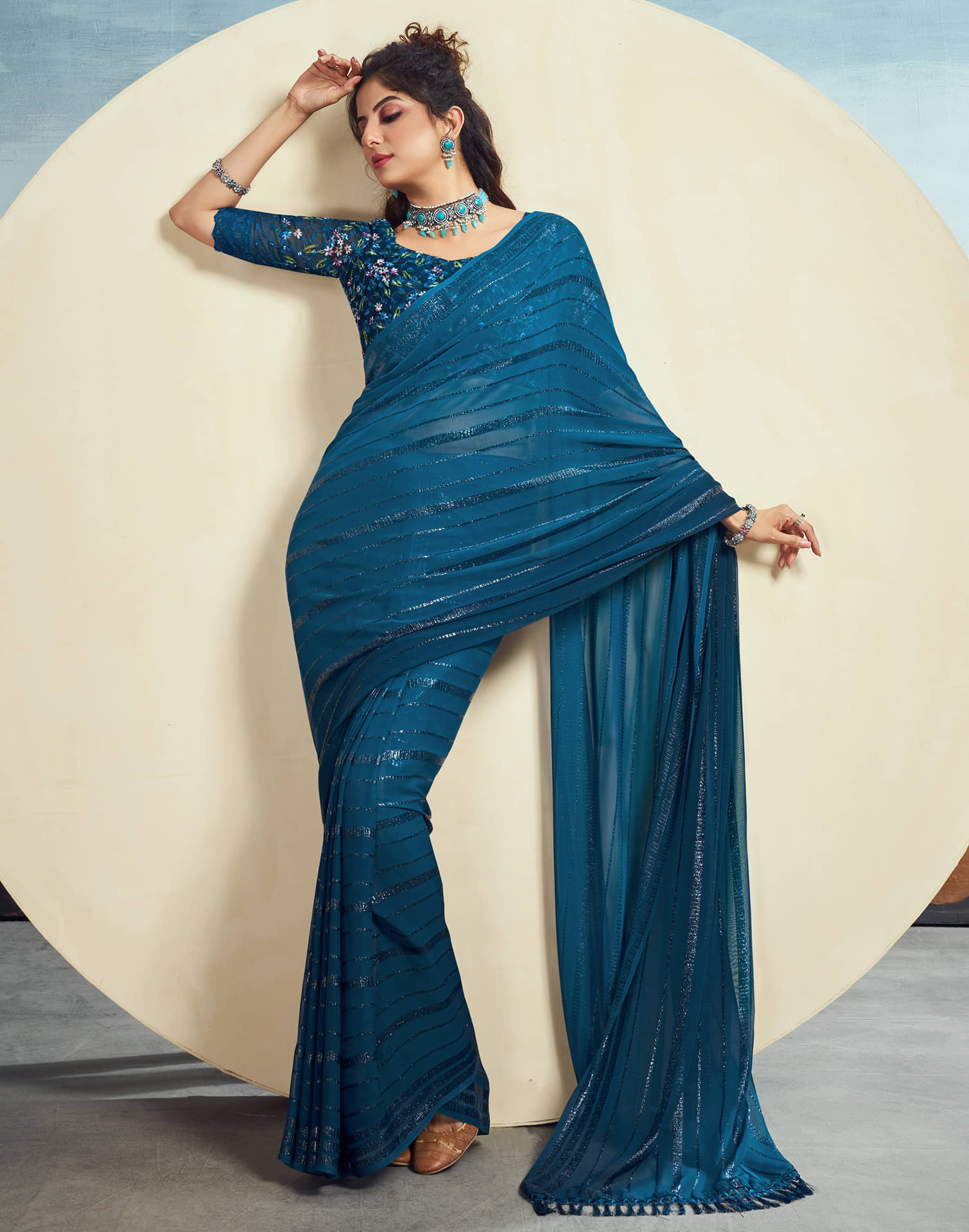 Samah Georgette Embellished Saree With Unstitched Blouse Piece ( Teal ) Samah Georgette Embellished Saree With Unstitched Blouse Piece ( Teal )